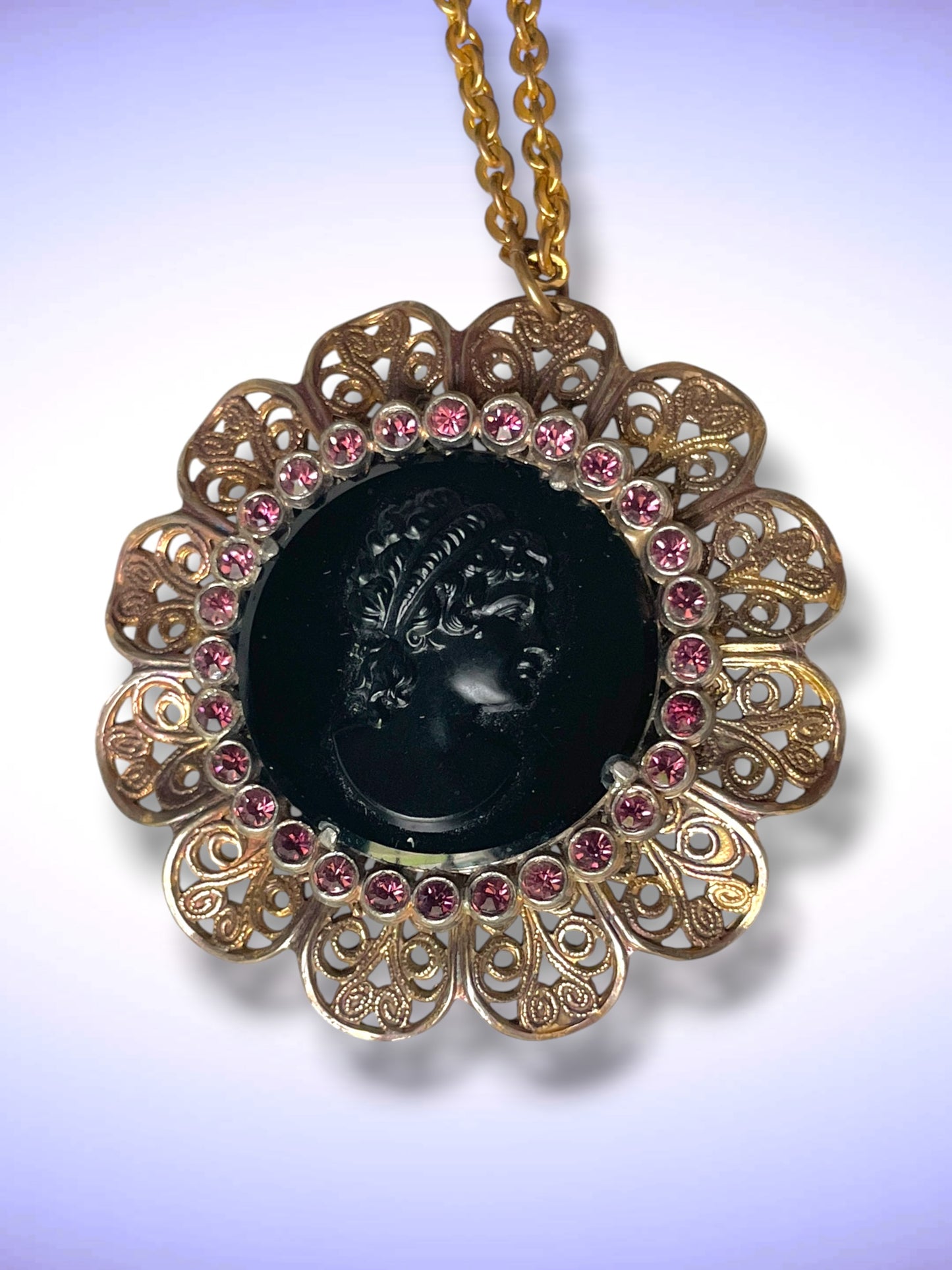 Czechoslovakian Brass Filigree, Purple Crystal, Black Art Glass Mourning Cameo Necklace