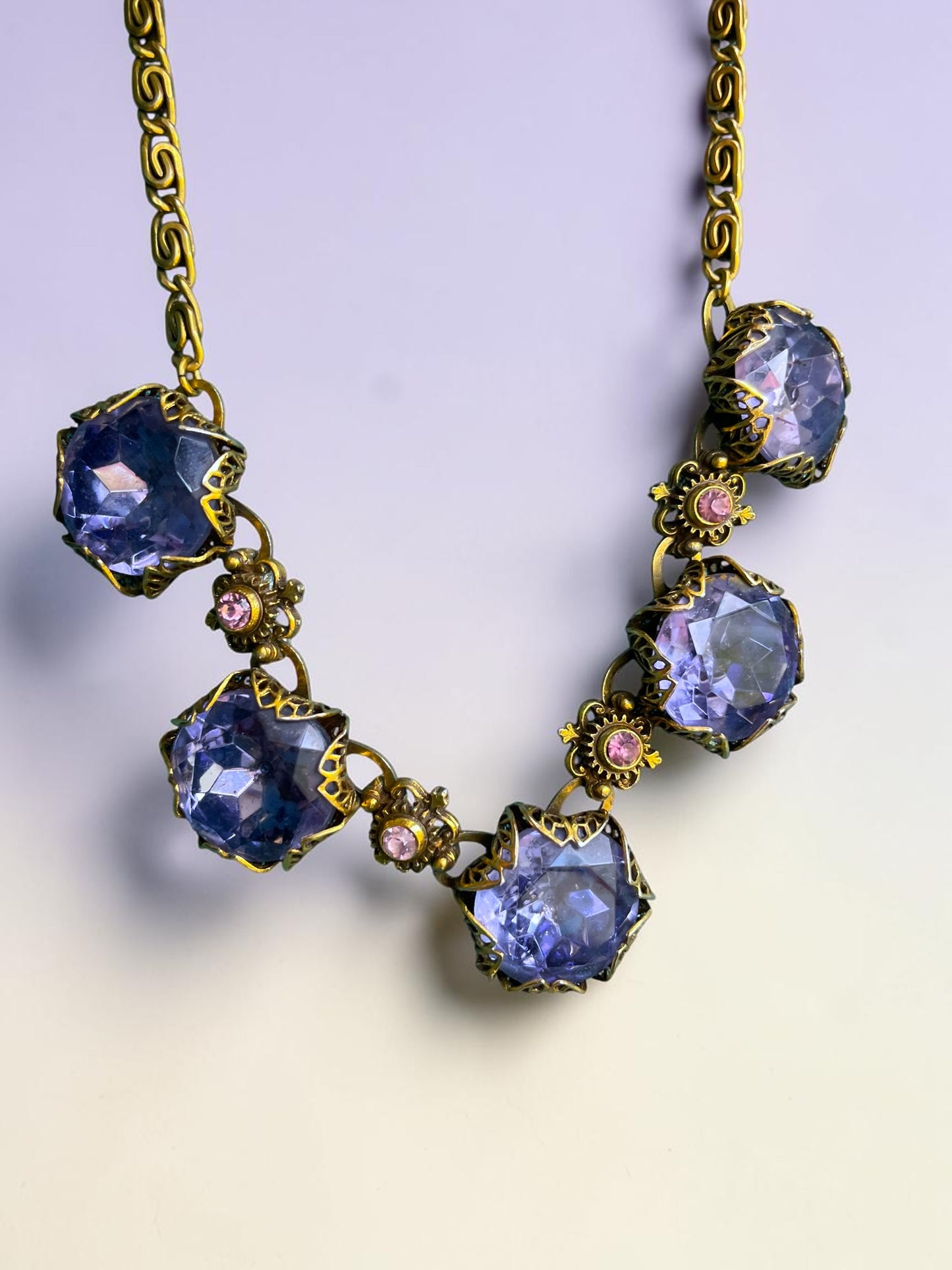 Art Nouveau Austrian Lilac Purple & Pink Crystal Gold Filled Brass Filigree Schiaparelli Necklace