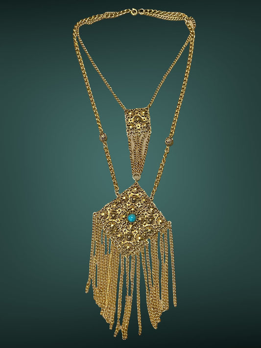 Art Nouveau Czech Gold Filigree Chestplate Turquoise Chain Dangle Festoon Necklace