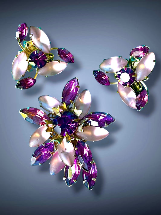 Purple Crystal & Frosted Art Glass Brass Filigree Prong Set Brooch & Earring Demi Parure Set