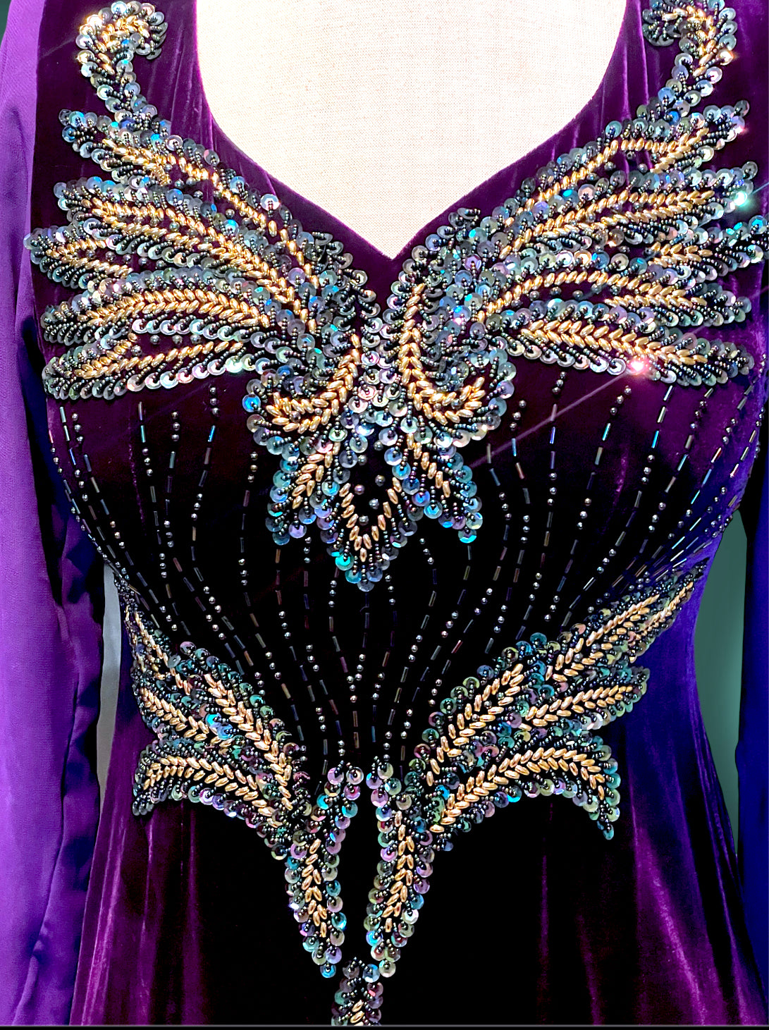 Deep Purple Velvet & Sheer Aurora Borealis Sequin Maxi Gown Dress