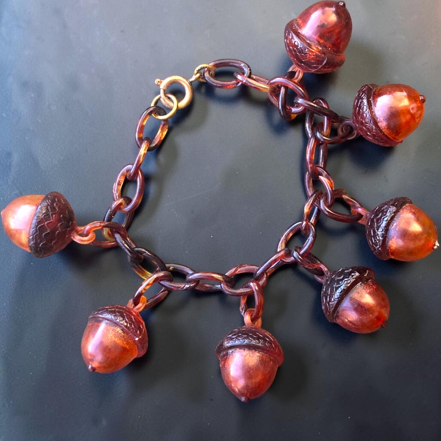 Antique Art Nouveau Early Plastic Hollow Tortoise Shell Acorn Charm Bracelet