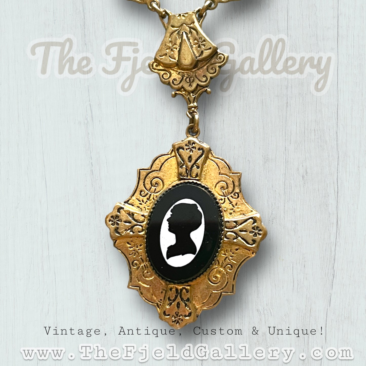 Victorian Mourning Cameo on Gold Embossed Chain Necklace