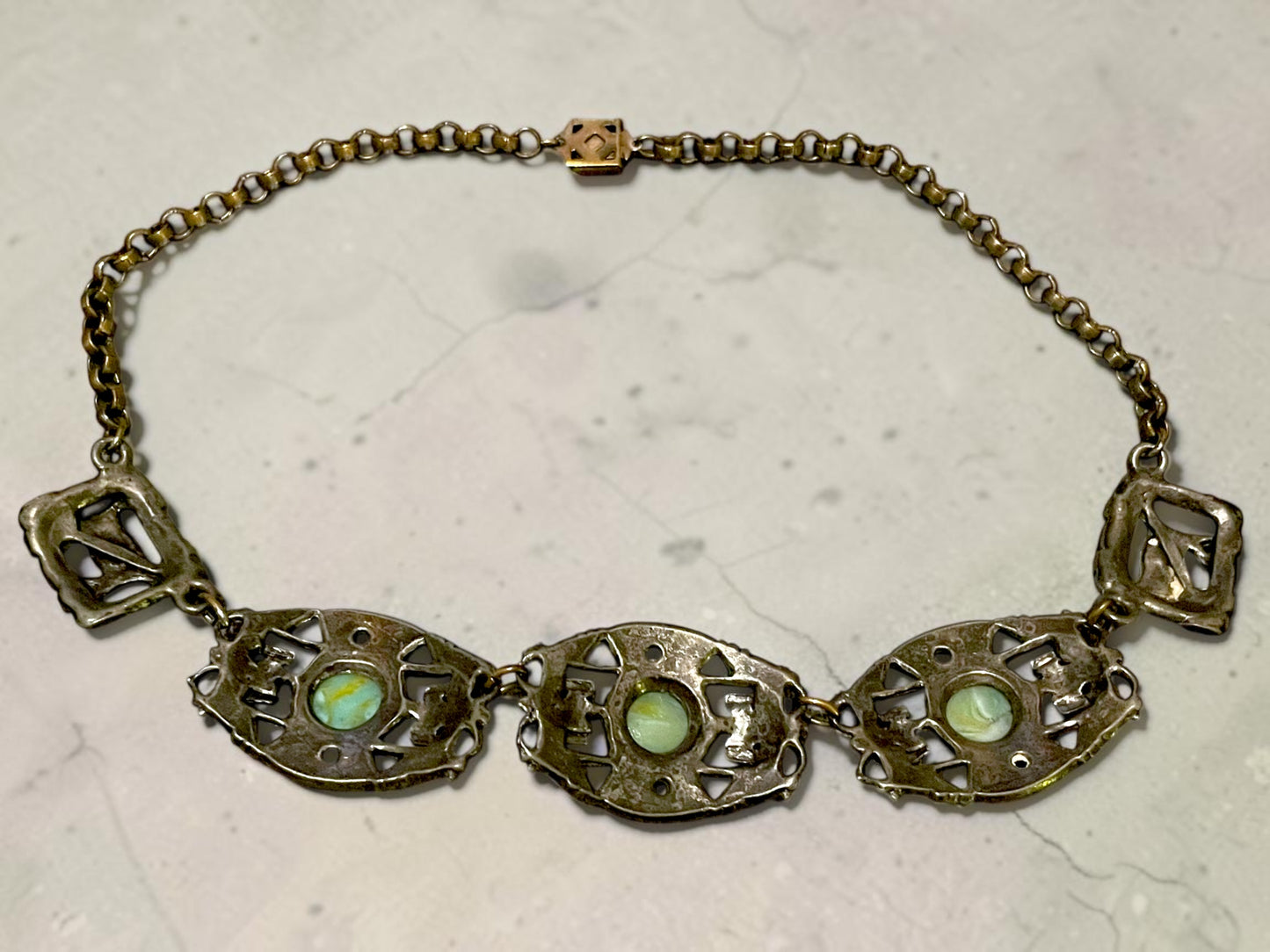 1940’s Southwest Thunderbird Cast Silver Panel Choker Necklace