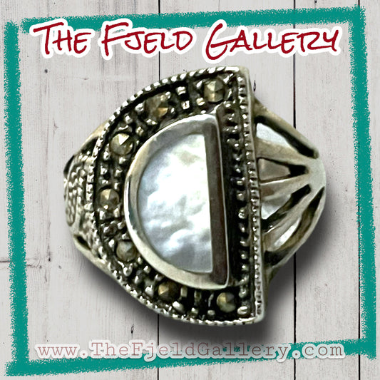 Mother of Pearl Art Deco Half Moon Sterling Silver & Marcasite Vintage Ring
