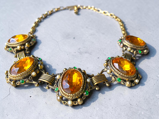 Incredible Victorian Bookchain Chunky Citrine & Peridot Crystal Choker Necklace