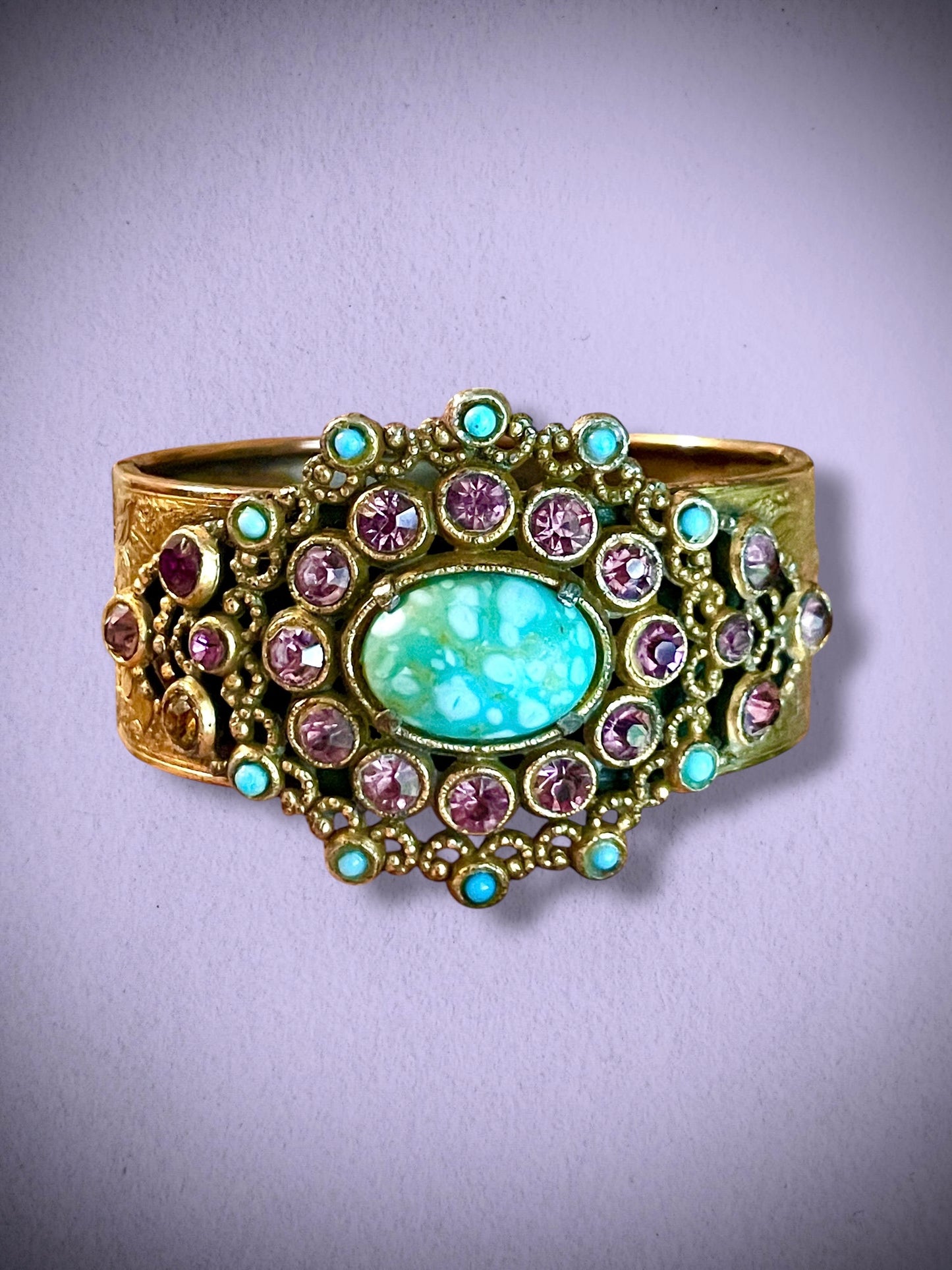 Czech Turquoise Hubble Art Glass & Purple Lilac Crystal Engraved Lilly Flower Brass Hinged Bangle Bracelet