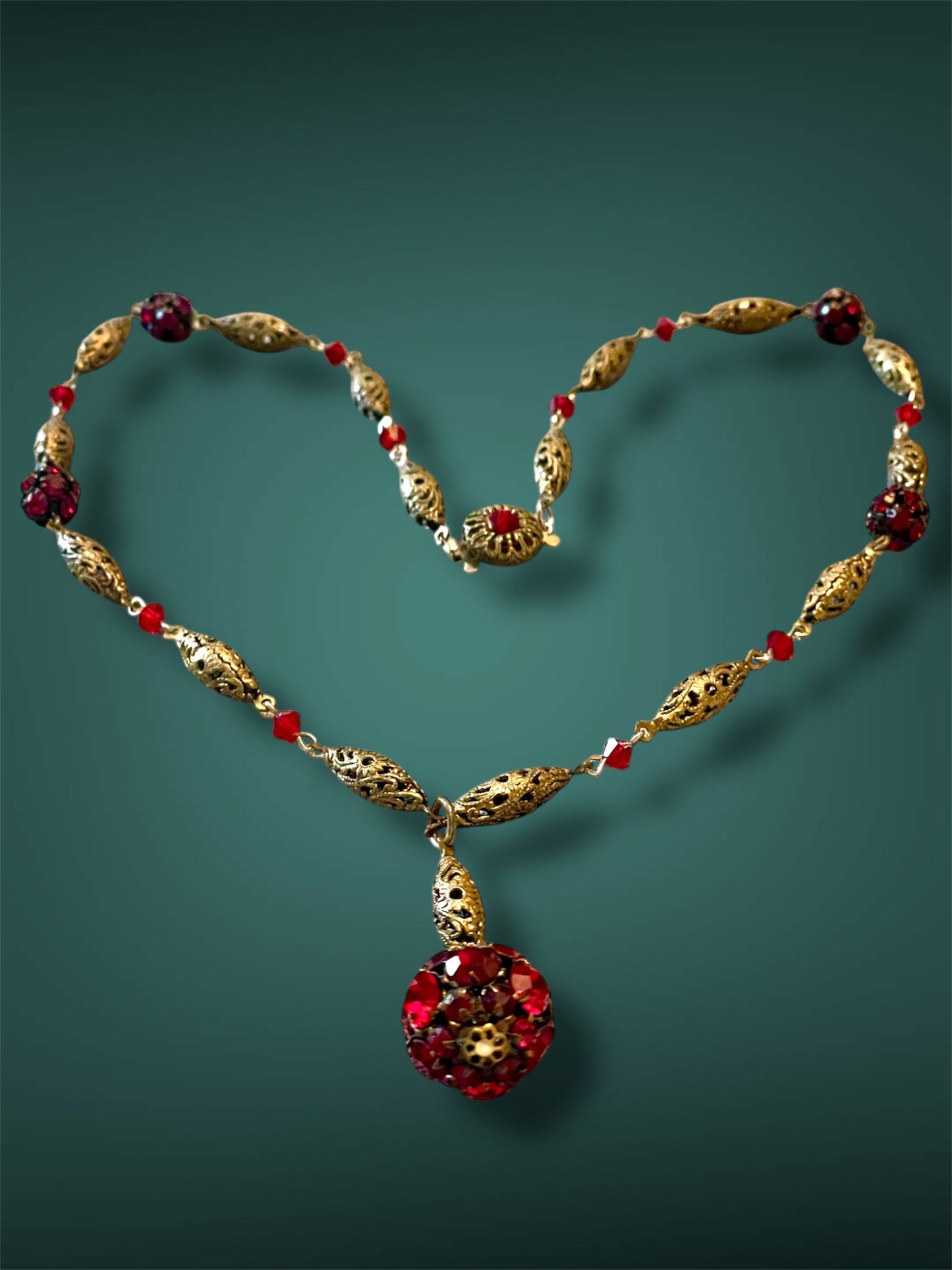 Vintage Art Nouveau Czech Ruby Red Crystal Brass Filigree Y Lavaliere Necklace