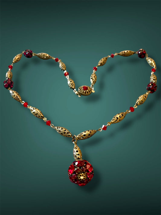 Vintage Art Nouveau Czech Ruby Red Crystal Brass Filigree Y Lavaliere Necklace