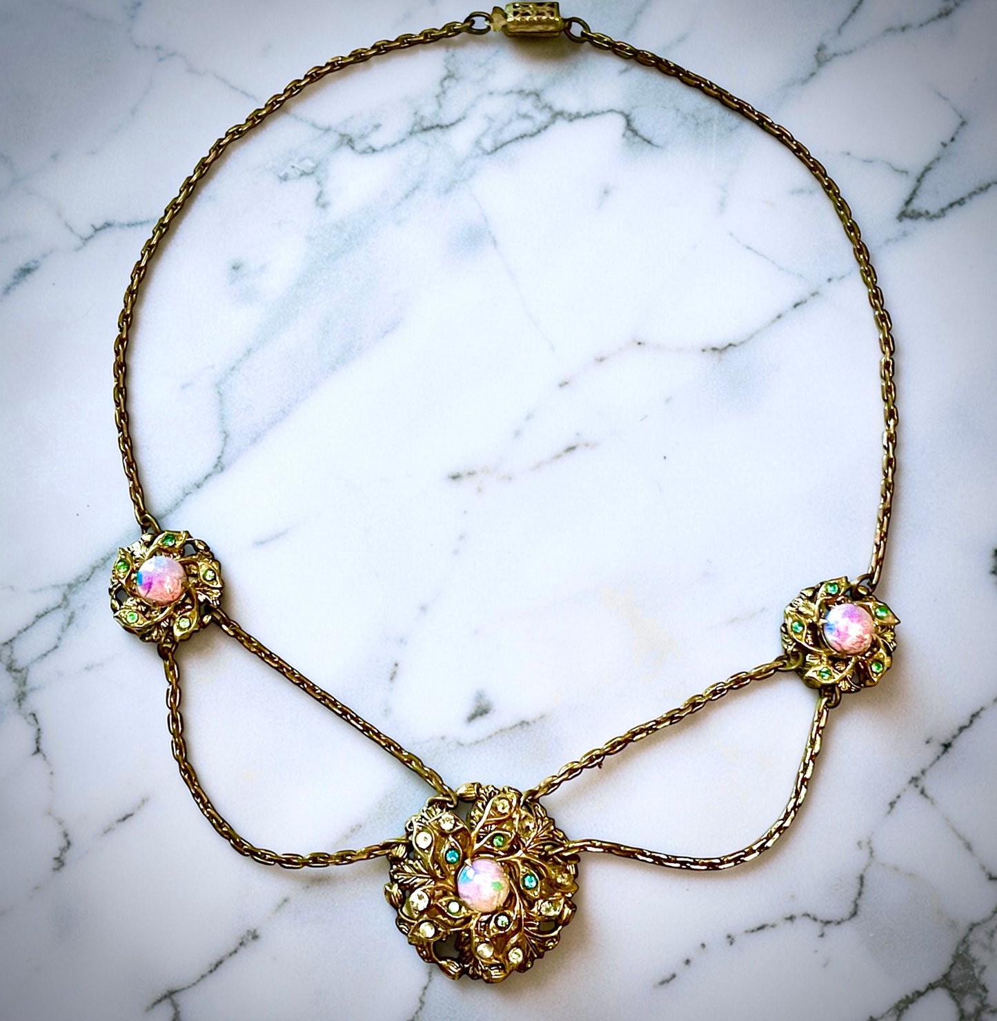 Edwardian Pink Gold Foil Art Glass Dragons Breath Fire Opal Festoon Necklace