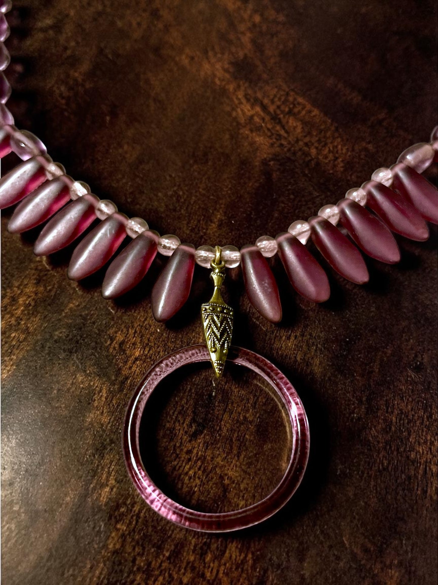 Art Deco Czech Purple Art Glass Vauxhall Ring Embossed Brass Setting Necklace