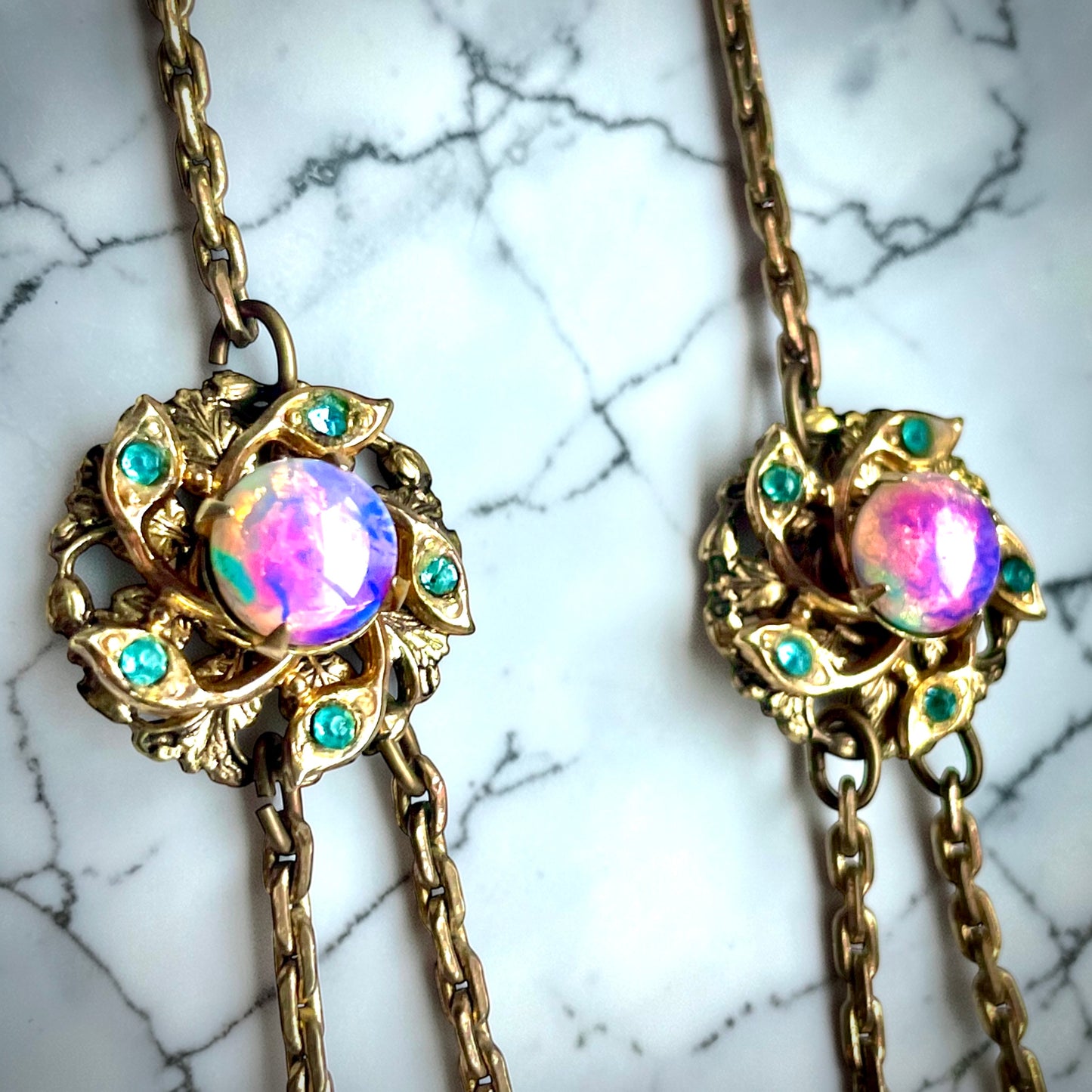 Edwardian Pink Gold Foil Art Glass Dragons Breath Fire Opal Festoon Necklace