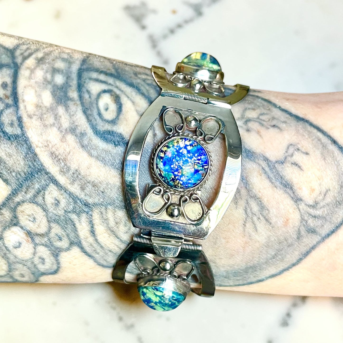 Sterling Silver Blue Green Dragons Breath Fire Opal Taxco Mexico Panel Bracelet