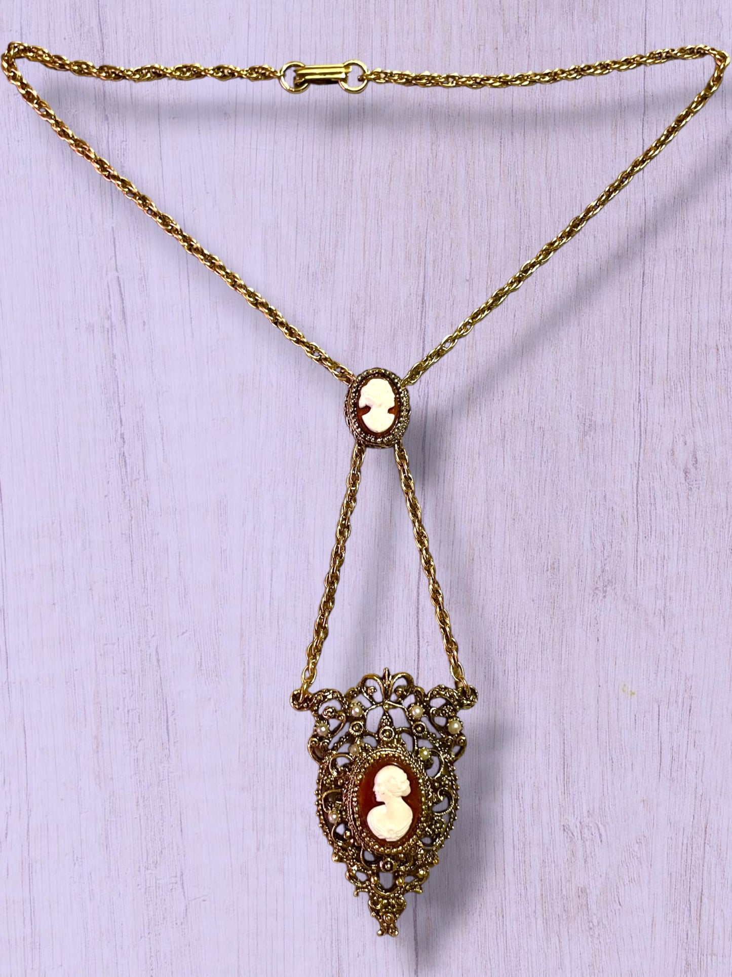 Ornate Victorian Rococo Revival Double Cameo Drop Pearl Necklace