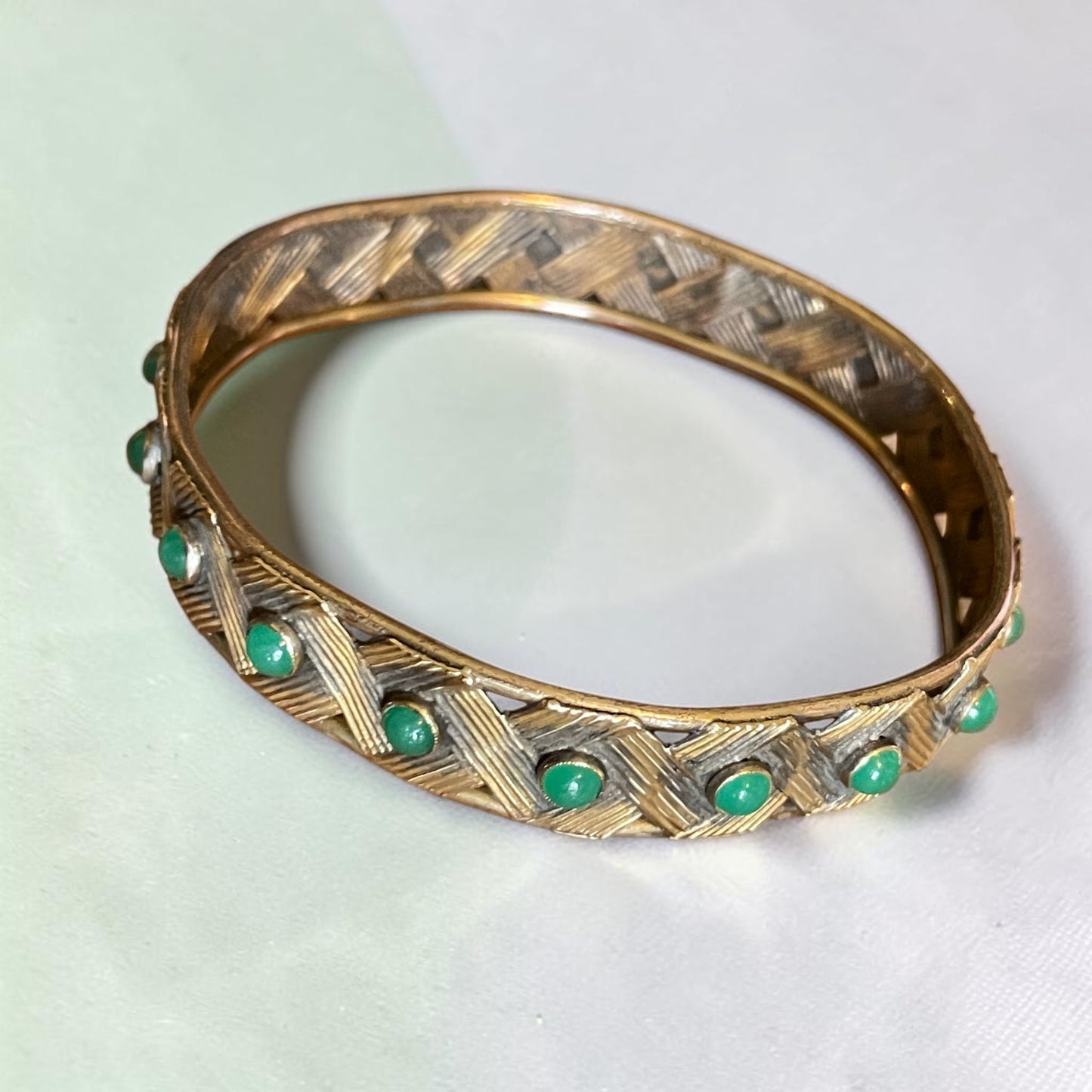 Edwardian Chrysoprase Gemstone Brass Bangle Bracelet