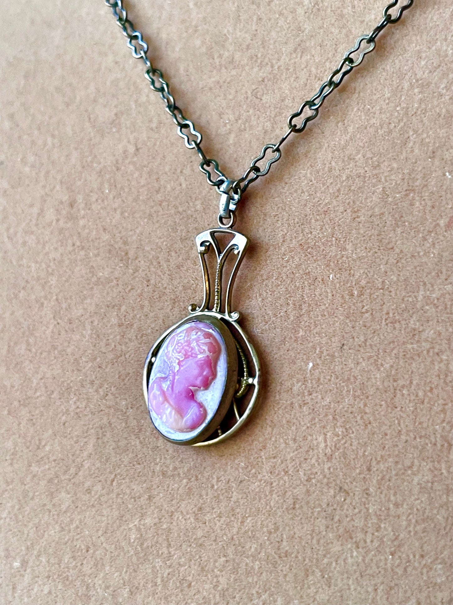 Delicate Pink & White Art Glass Cameo in Brass Art Nouveau Setting Necklace