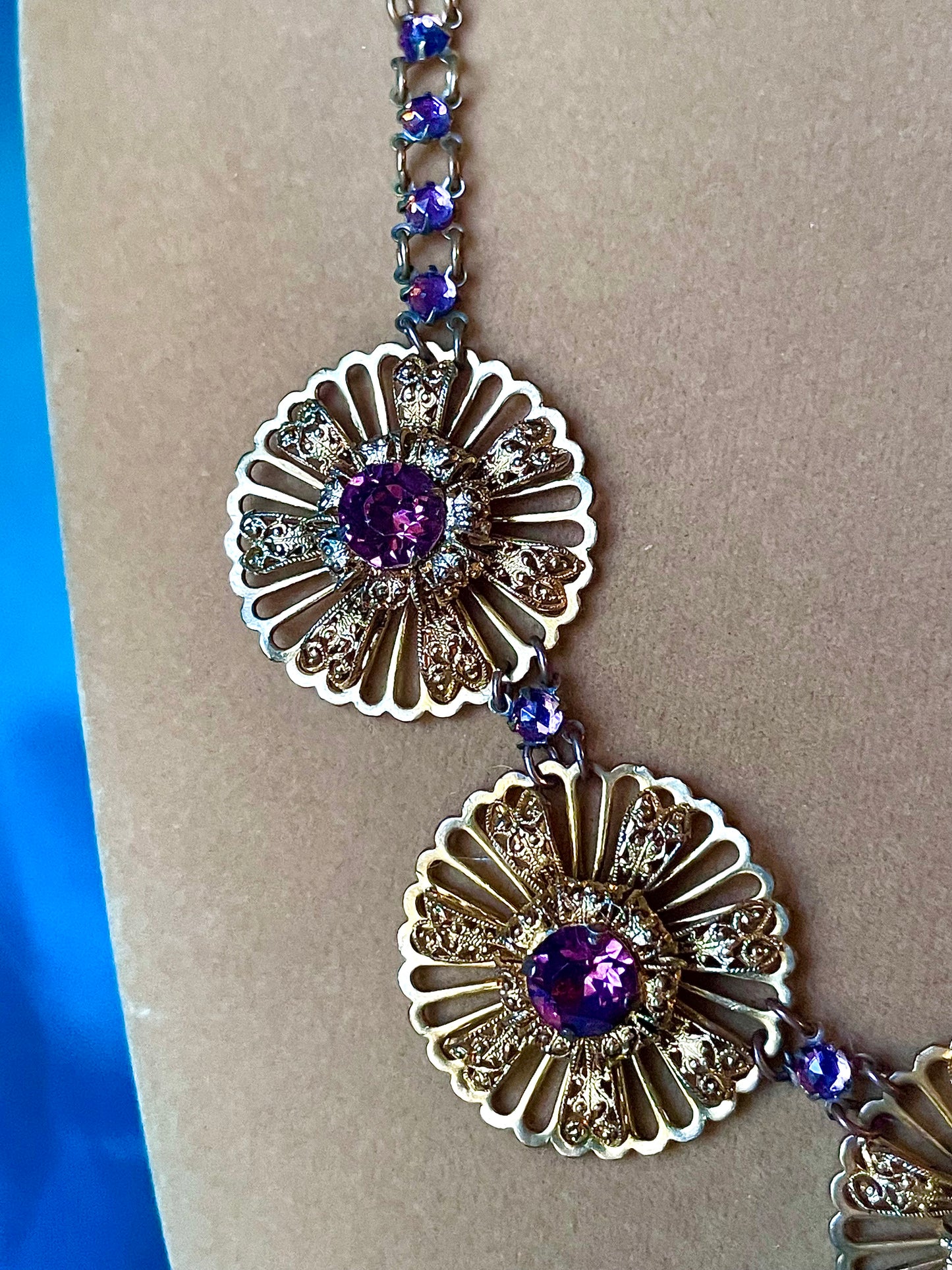 Victorian Book Link Purple Crystal Brass Filigree Choker Necklace