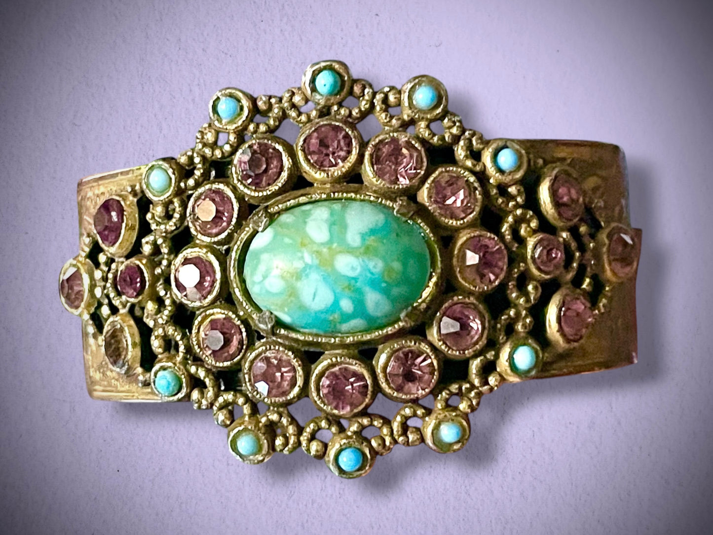 Czech Turquoise Hubble Art Glass & Purple Lilac Crystal Engraved Lilly Flower Brass Hinged Bangle Bracelet