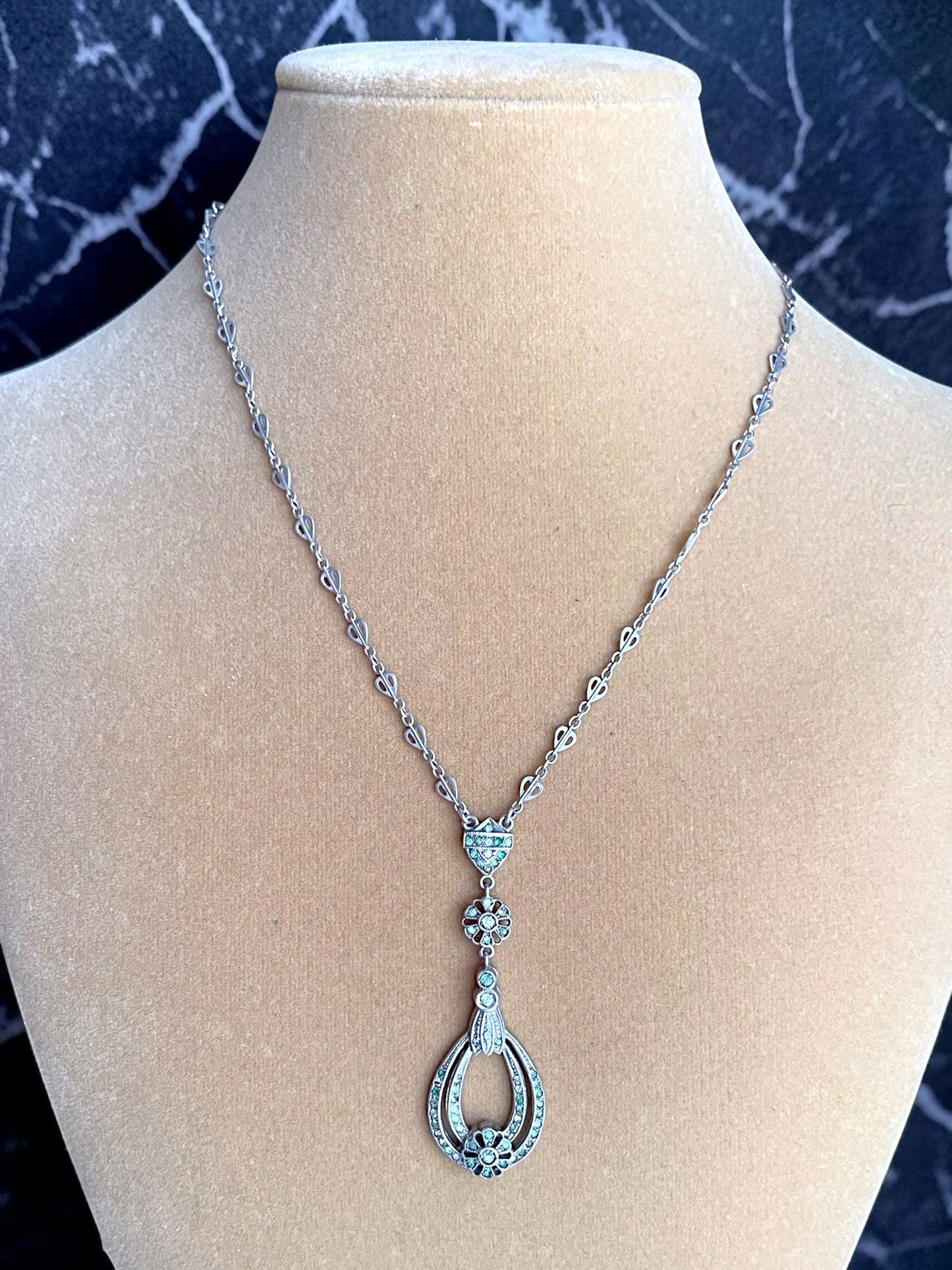Art Deco Sterling Silver Crystal Floral Drop Y Necklace