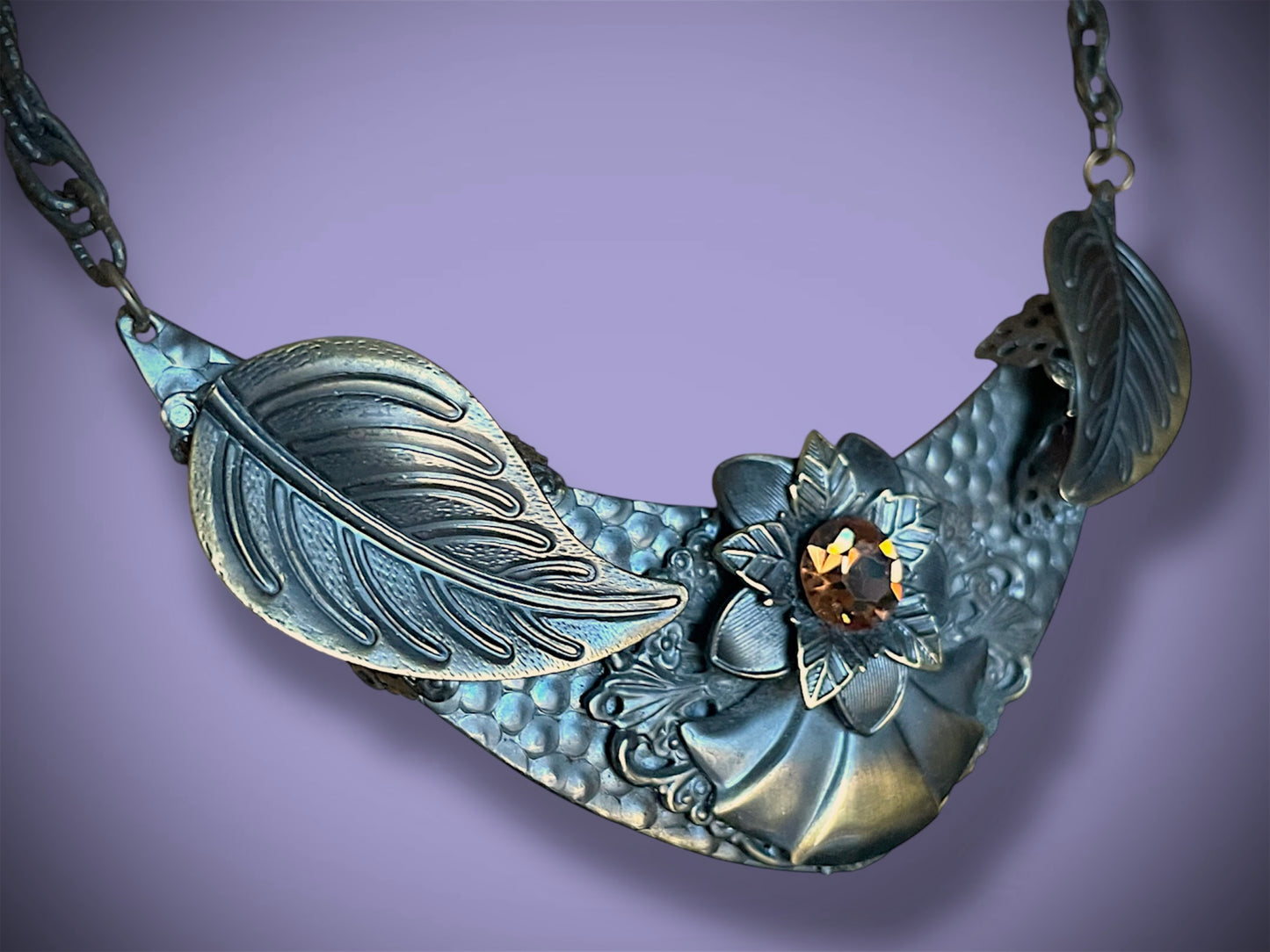 Art Nouveau Hand Hammered Brass & Citrine Crystal Chevron Choker Necklace