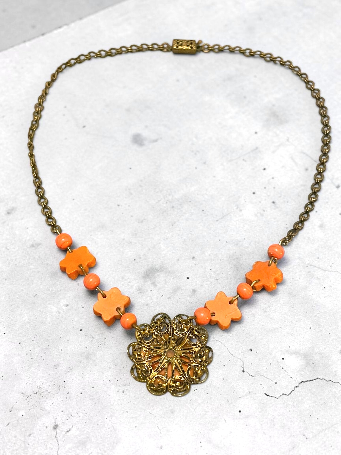 Art Nouveau Coral Orange Pink Celluloid Flower & Art Glass Bead Brass Necklace
