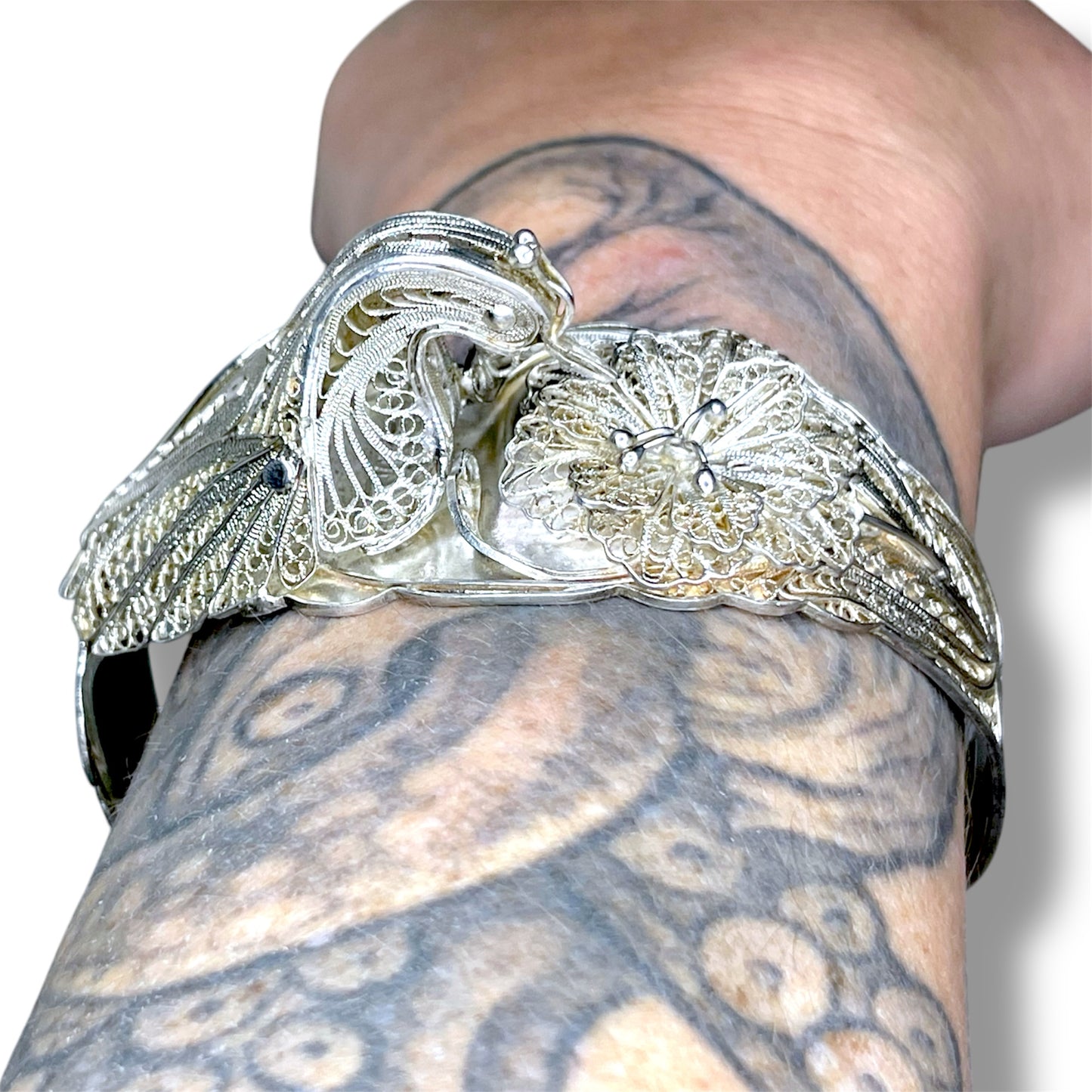 Incredible Sterling Filigree Peacock & Flower 3D Cuff Bracelet