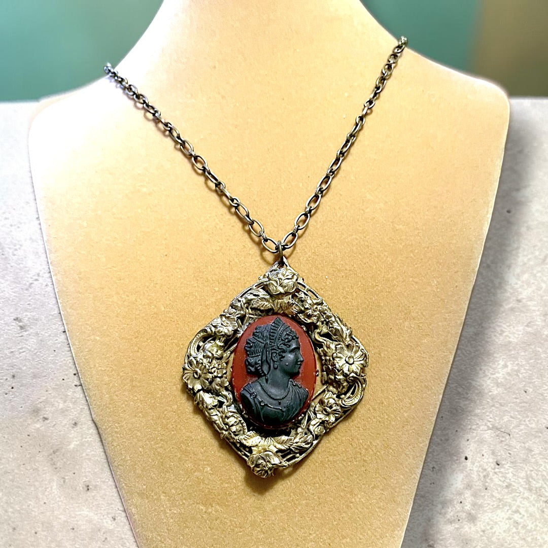 Huge Red & Black Art Glass Cameo Gilded Brass Repoussé Art Nouveau Floral Frame Pendant Necklace