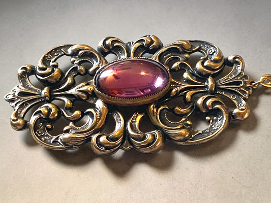 Art Nouveau Ornate Brass Purple Art Glass Pendant Necklace