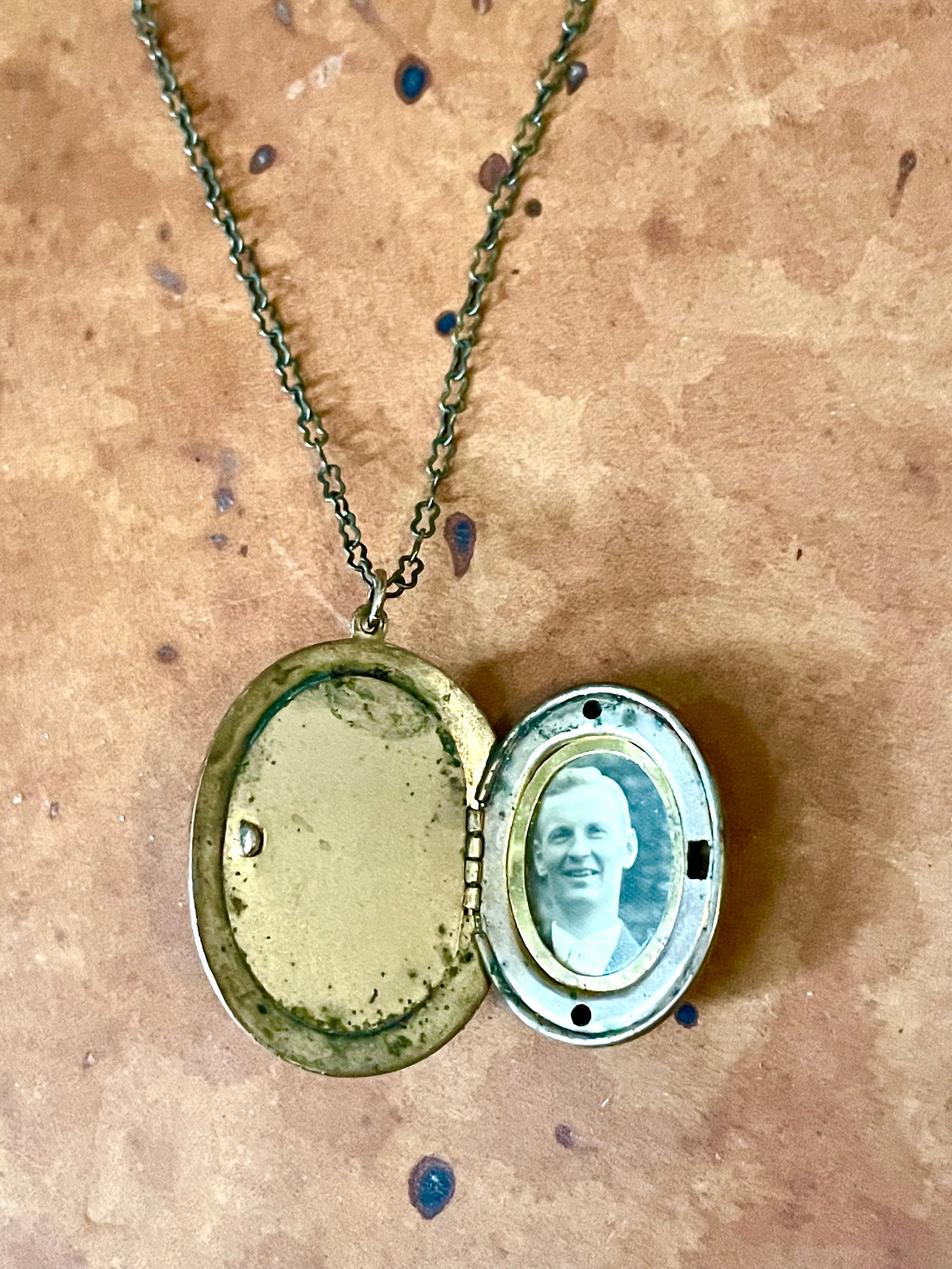 Art Nouveau Brass & Green Enamel Blue Art Glass Cameo Locket Necklace