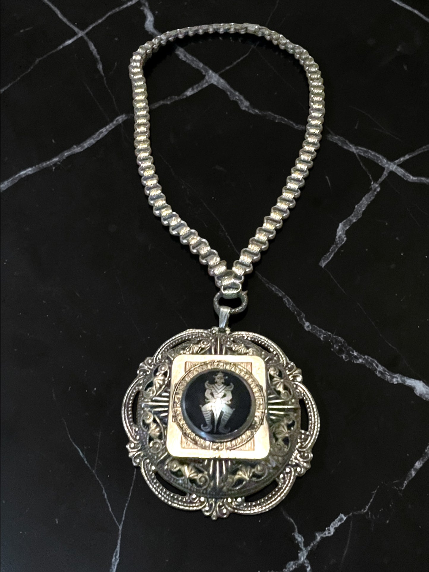 Siam Nielloware Warrior Silver Embossed Victorian Bookchain Pendant Necklace