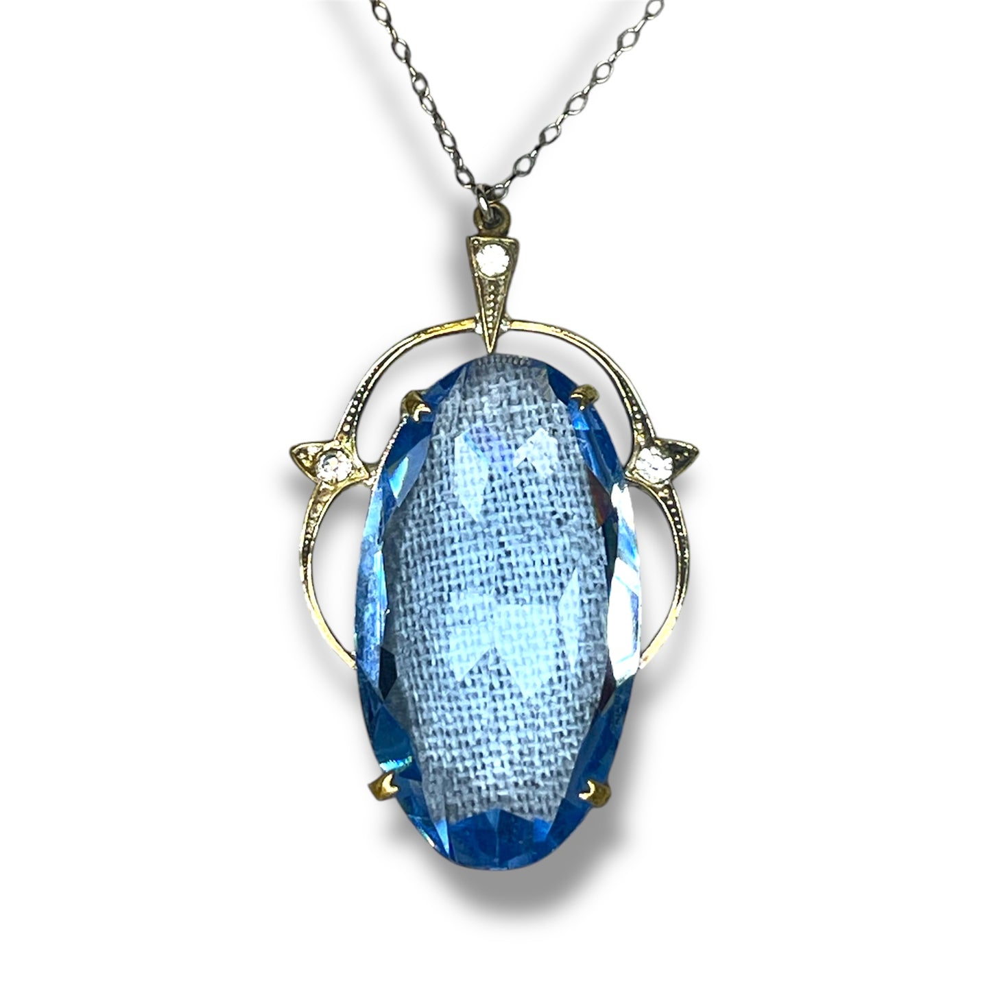 Czechoslovakian Aquamarine Blue Faceted Art Glass & Crystal Rhinestone Necklace