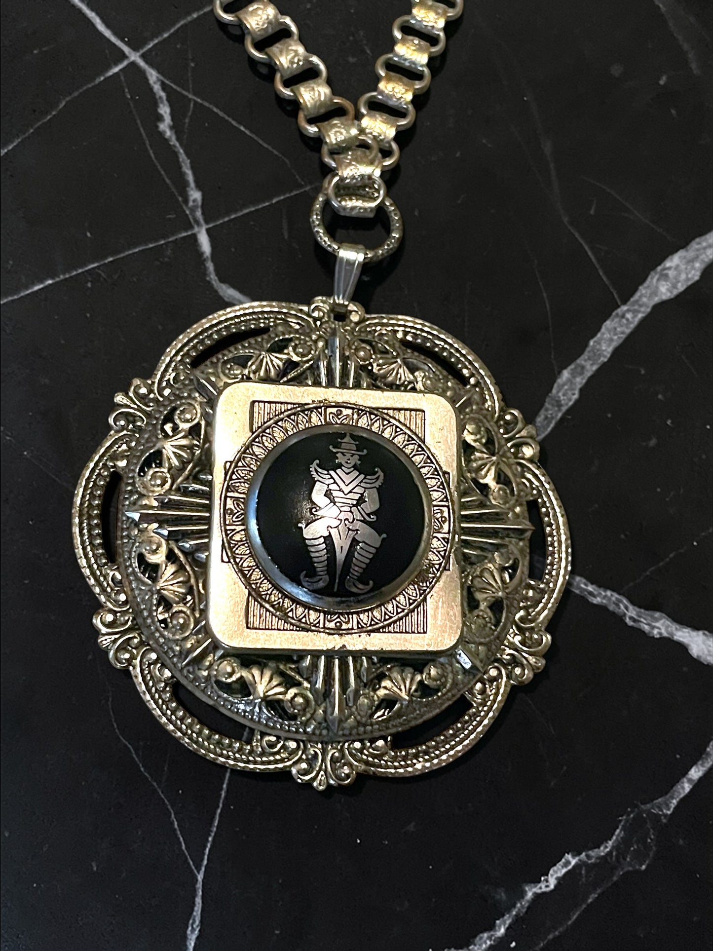 Siam Nielloware Warrior Silver Embossed Victorian Bookchain Pendant Necklace