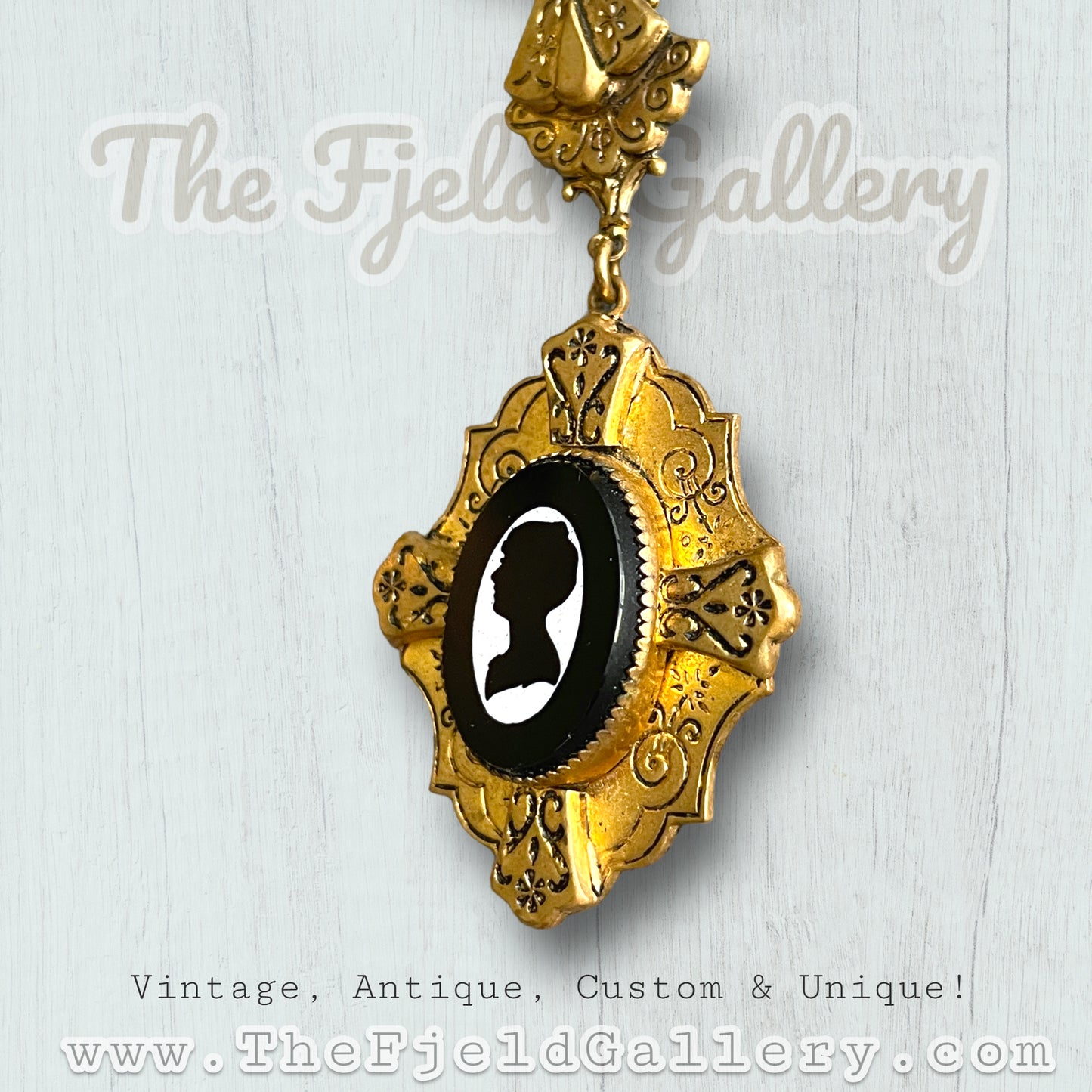 Victorian Mourning Cameo on Gold Embossed Chain Necklace