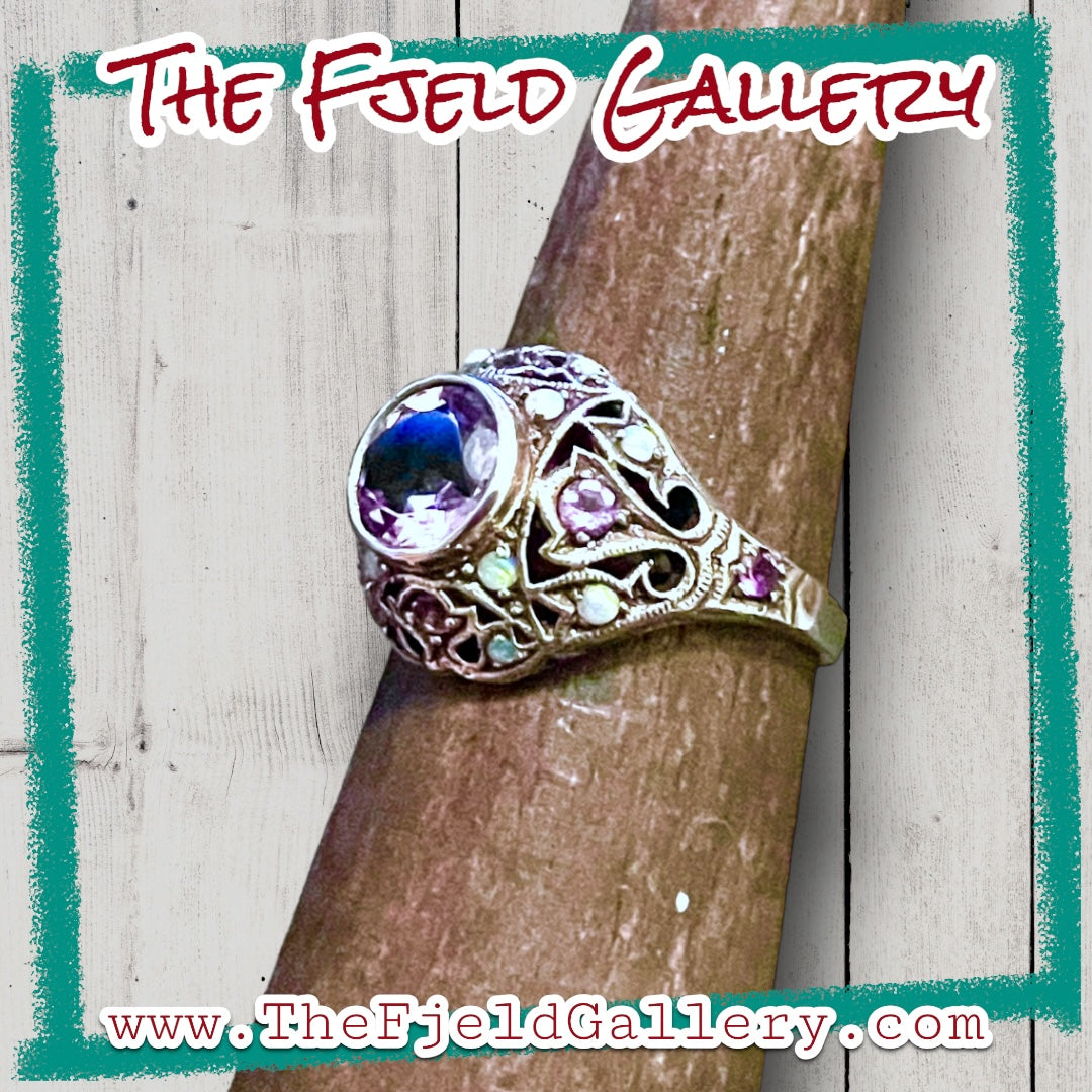 Amethyst & Opal Sterling Silver Victorian Filigree Vintage Dome Ring