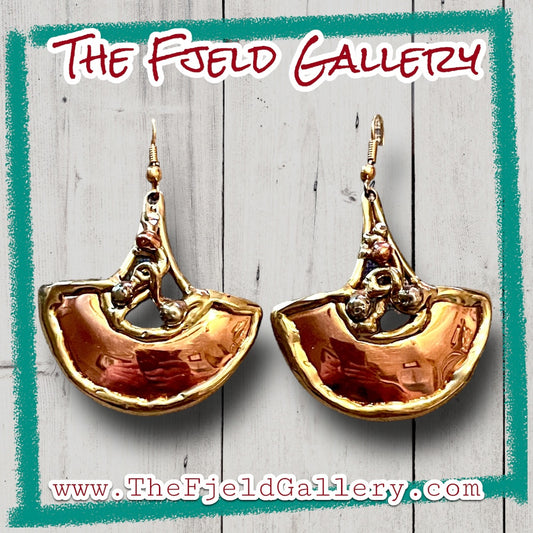 Vintage Barbaric Brutalist Arts & Crafts Copper & Brass Geometric Dangle Earrings
