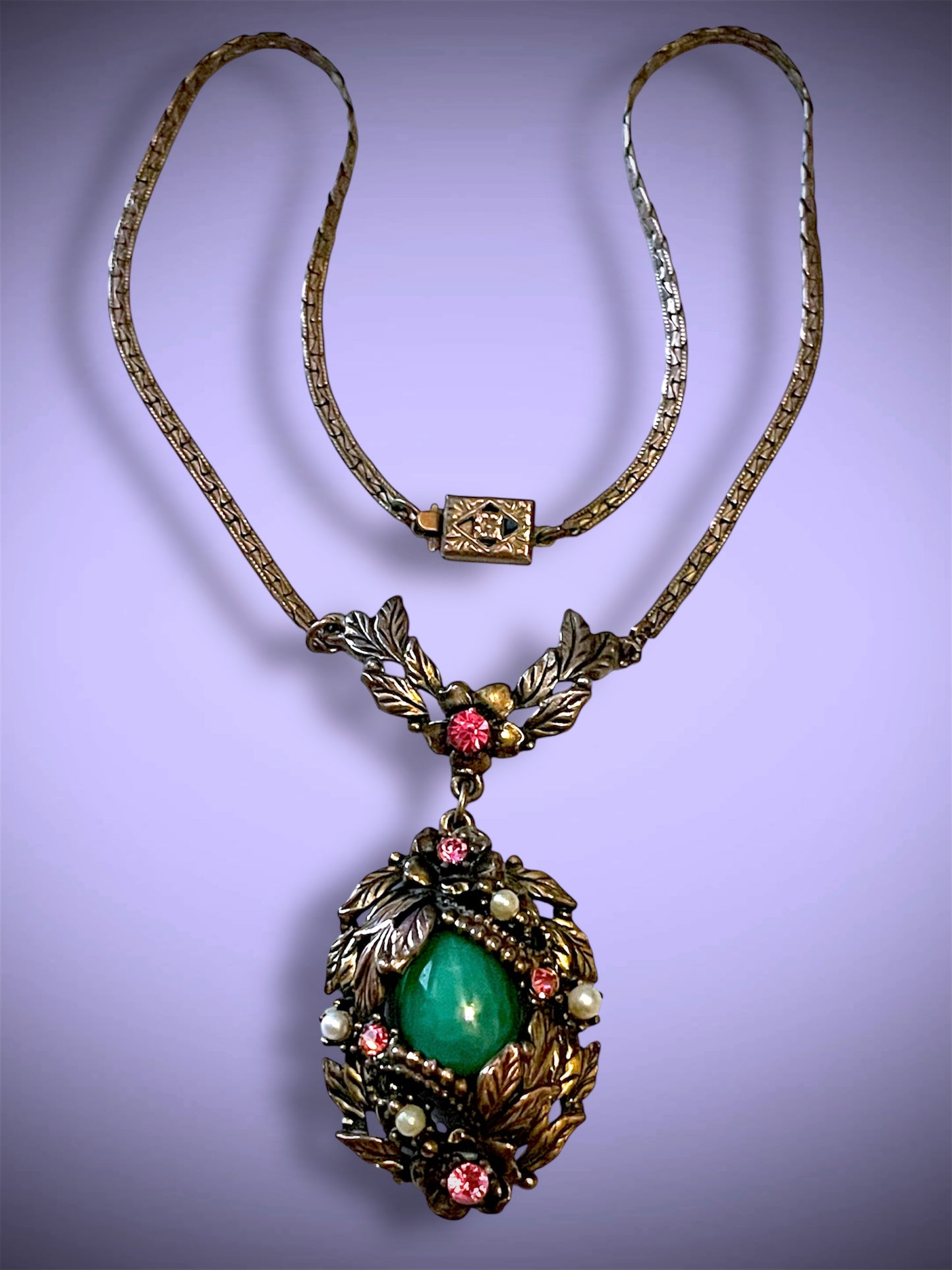 Art Nouveau Brass Green Jade Peking Art Glass Pink Crystal & Pearl Pendant Necklace