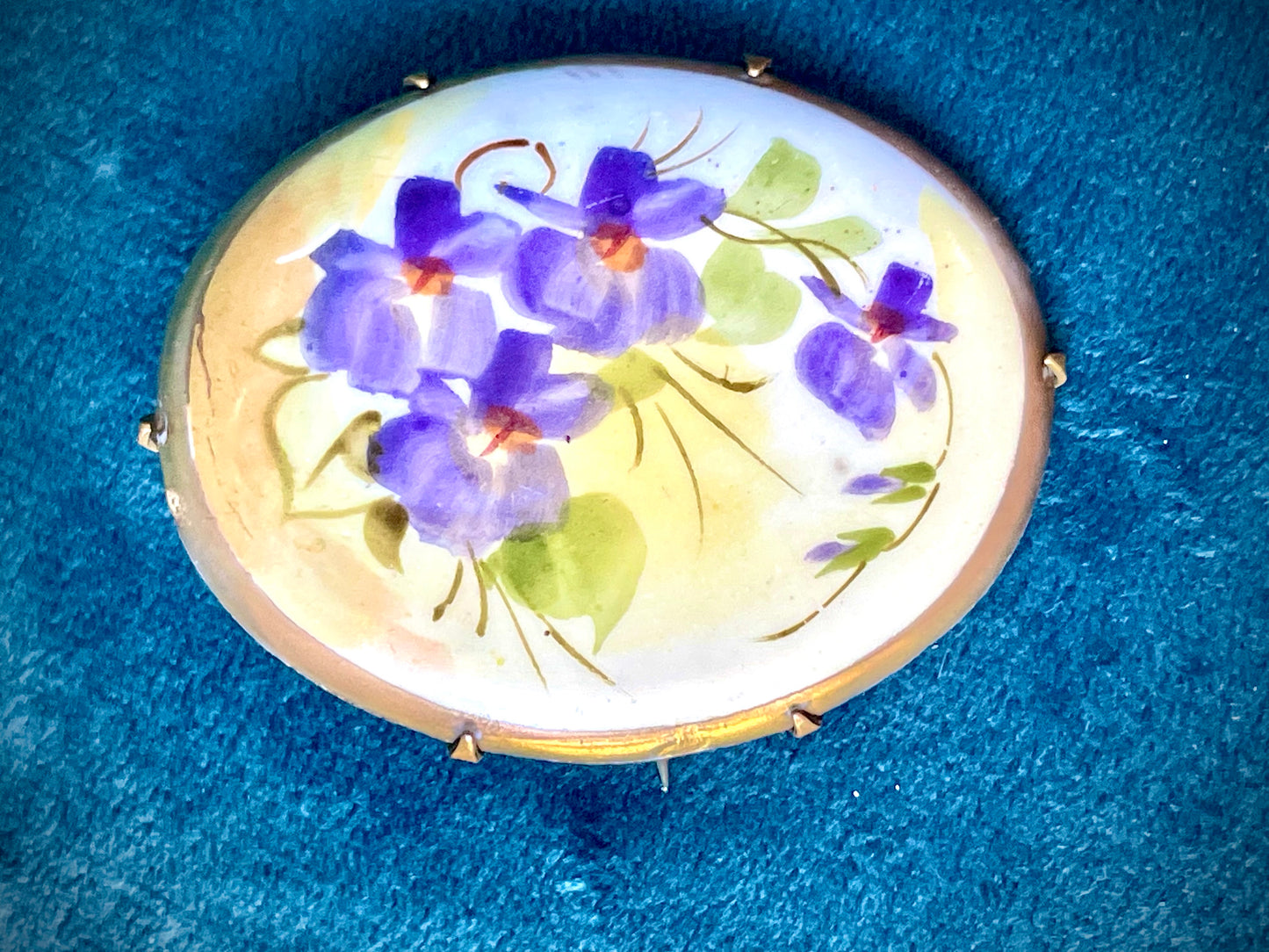 Victorian Forget Me Not Flowers Hand Painted Porcelain Limogé Brooch