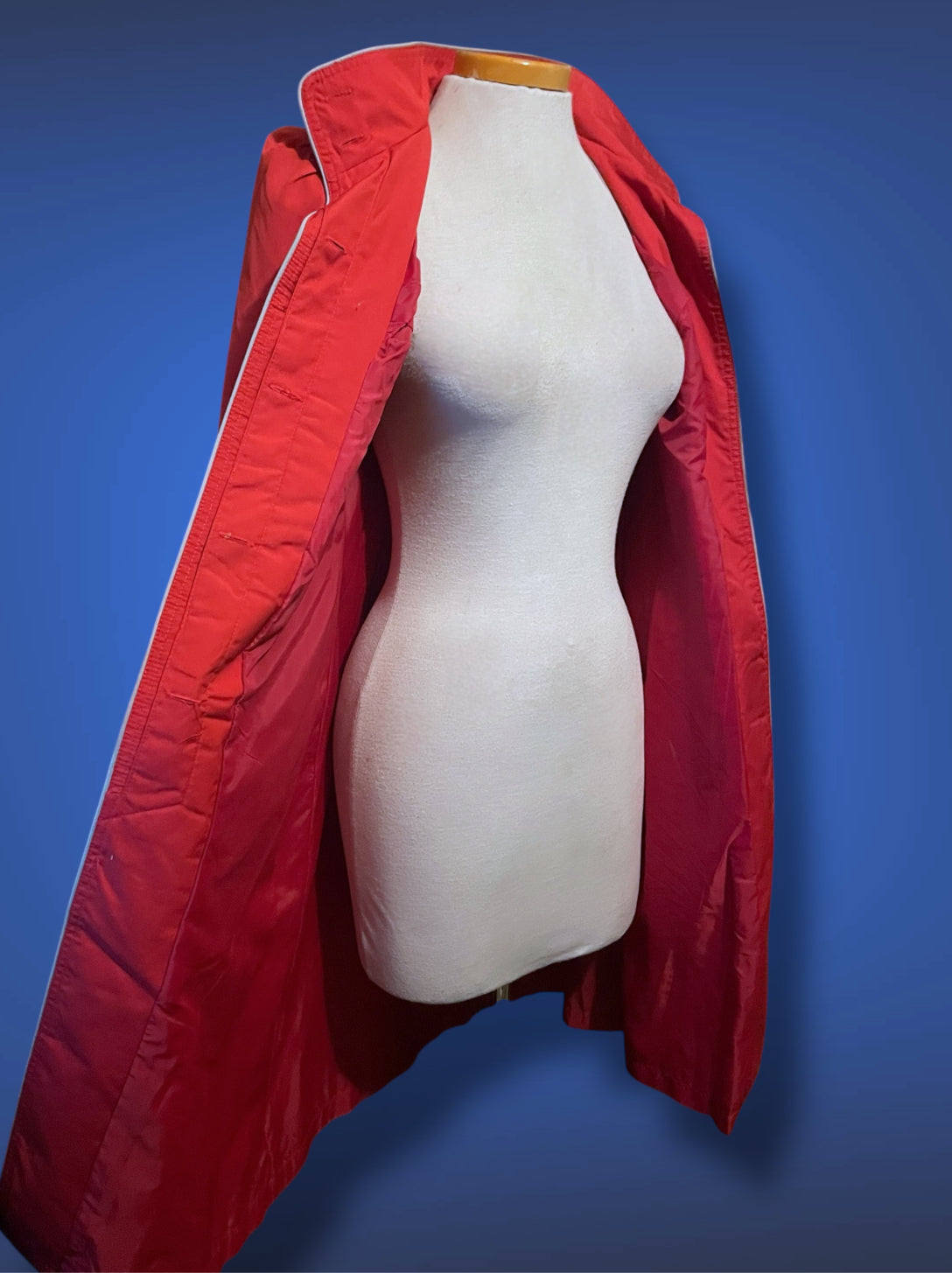 Vintage 1970’s Magenta Pink Long Trench Coat with Grey Piping Mod Detail