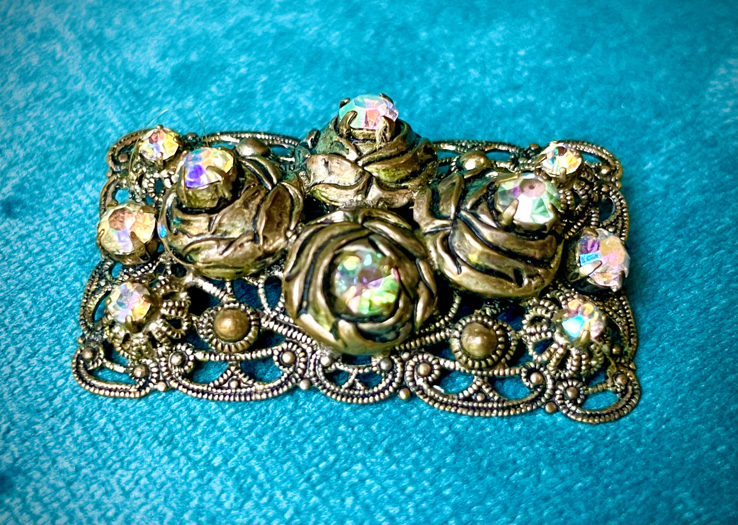 West German Aurora Borealis Crystal Brass Filigree Rose Brooch