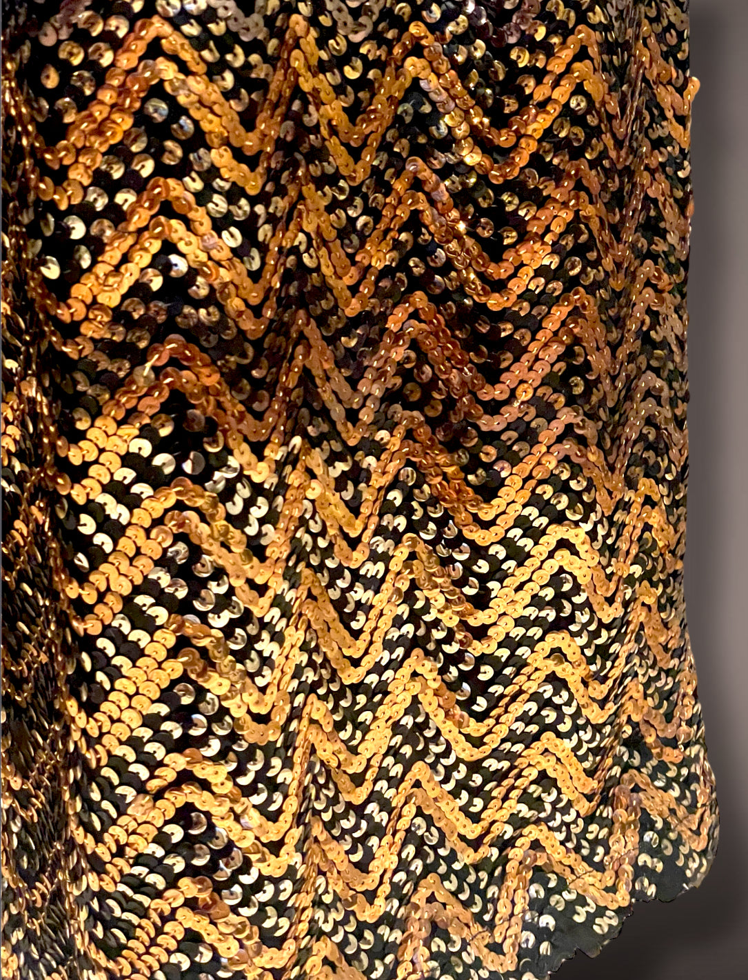 Gorgeous 1960’s Calderón Designer Black Long Sleeve Silver, Gold & Copper Metallic Sequin Maxi Dress