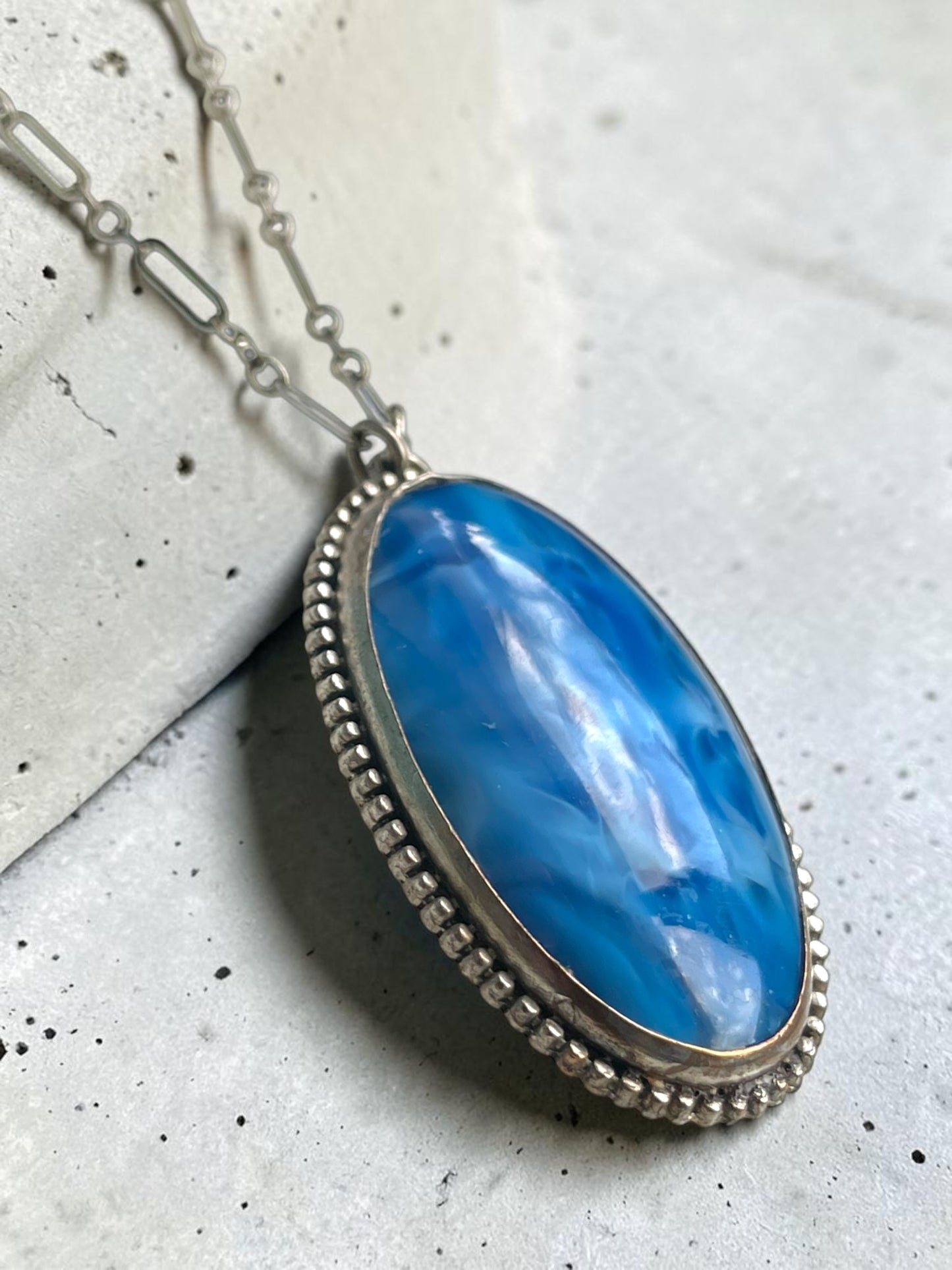 Art Deco Opalescent Blue Marble Art Glass Sterling Silver Chain Necklace