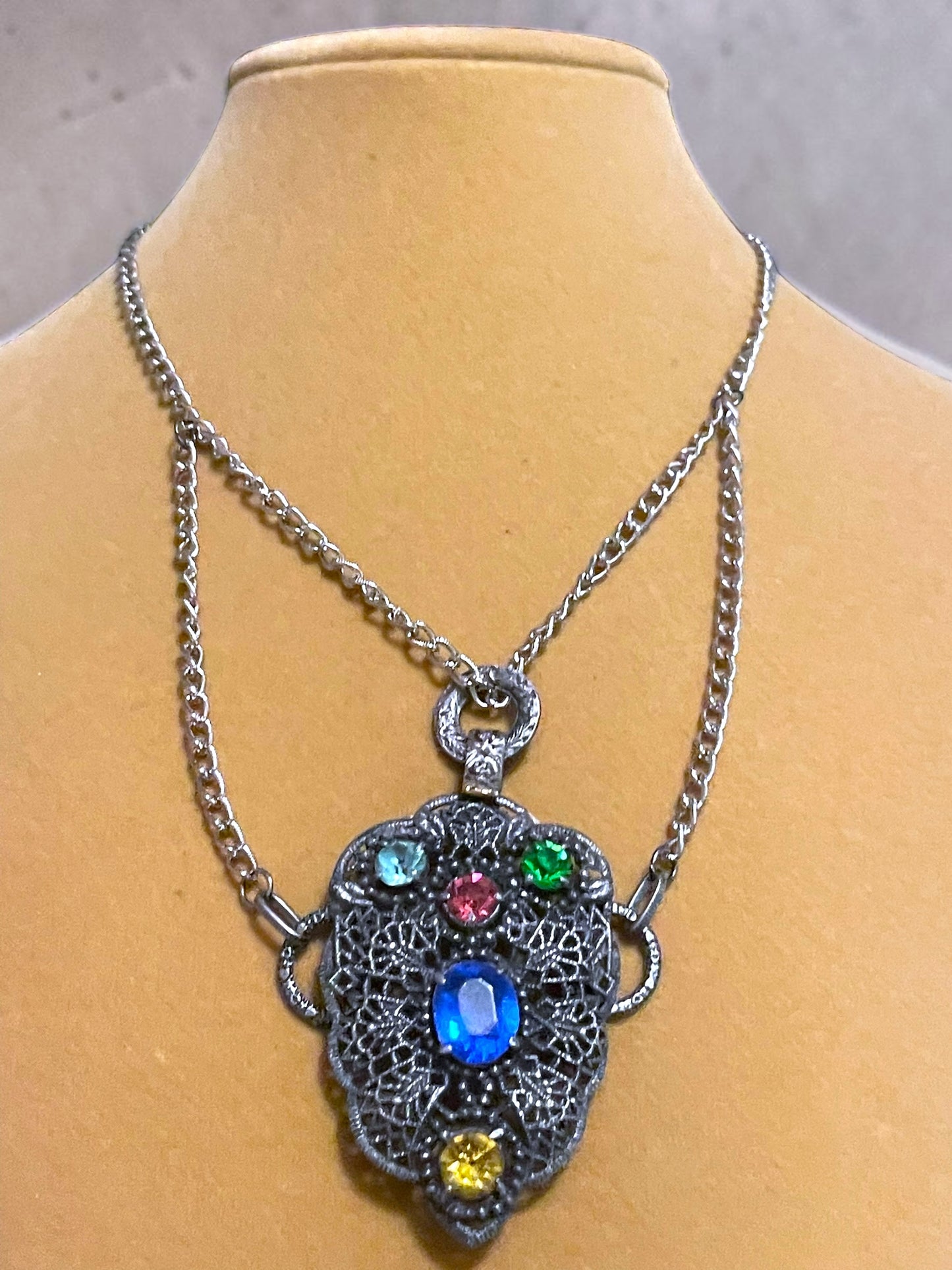 Czech Silver Filigree Fruit Salad Multi-color Leaded Past Stone Crystal Saphire, Emerald, Aquamarine, Ruby & Citrine Festoon Necklace
