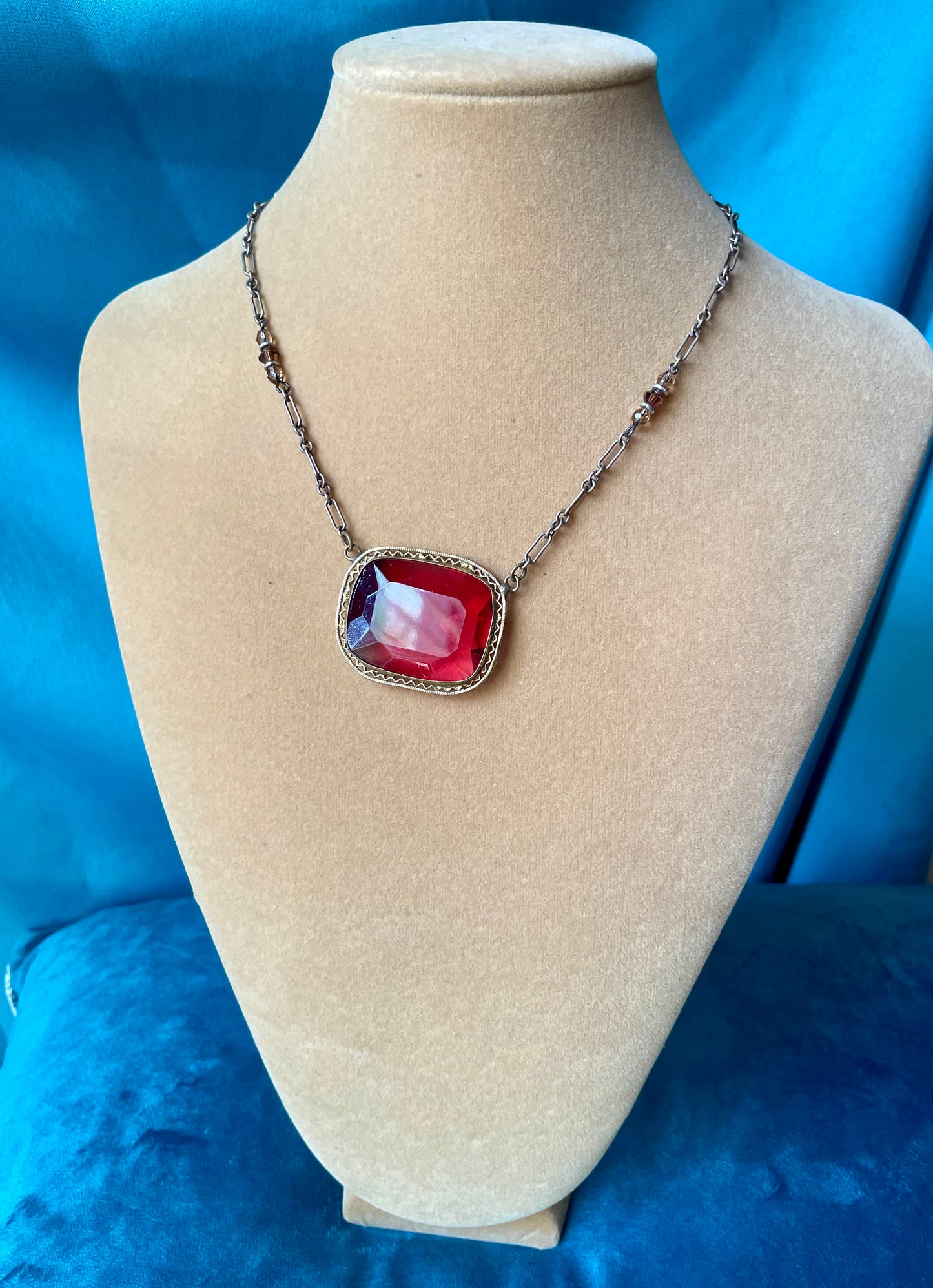 Art Deco Czech Brass Filigree Ruby Red Crystal Choker Necklace