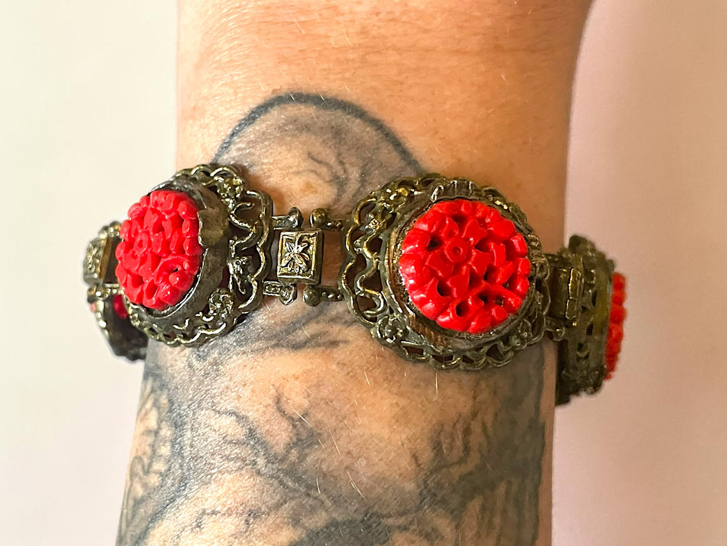Art Nouveau Red Cinnabar Brass Flowers & Butterflies Panel Bracelet