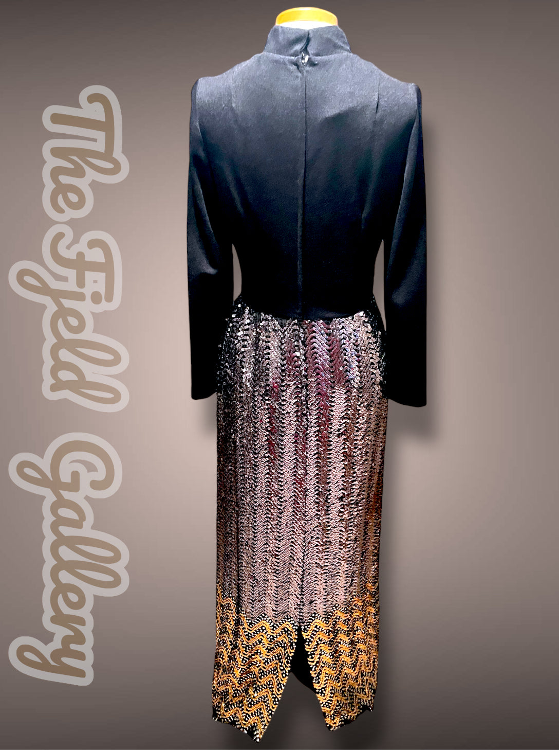 Gorgeous 1960’s Calderón Designer Black Long Sleeve Silver, Gold & Copper Metallic Sequin Maxi Dress