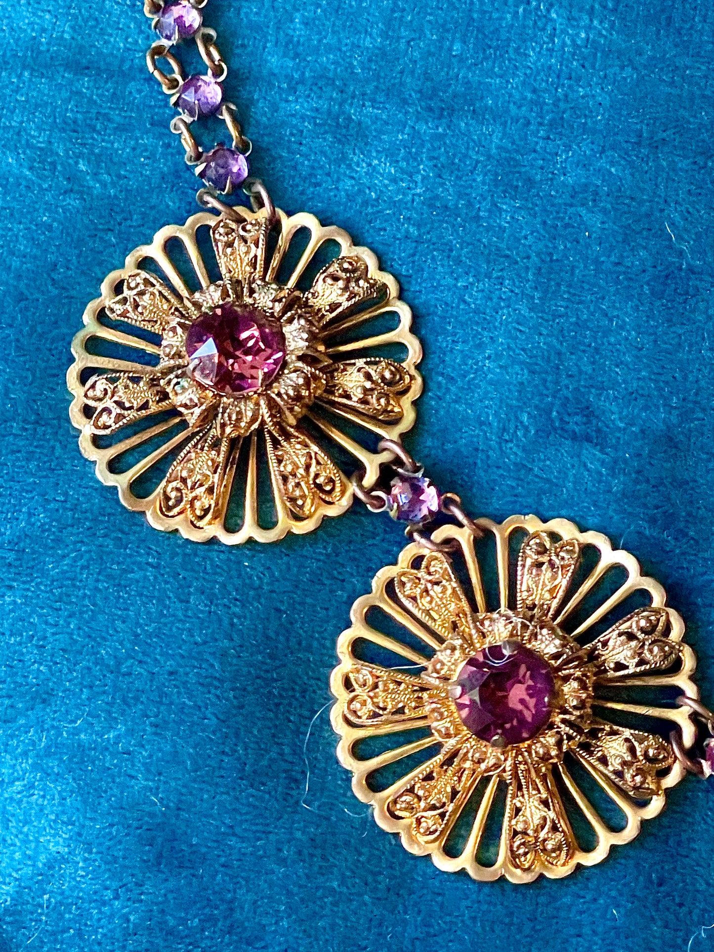 Victorian Book Link Purple Crystal Brass Filigree Choker Necklace