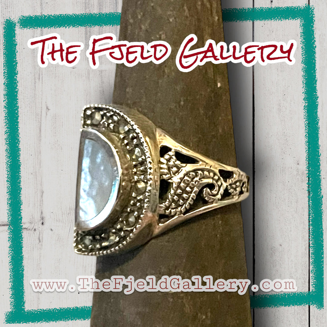 Mother of Pearl Art Deco Half Moon Sterling Silver & Marcasite Vintage Ring