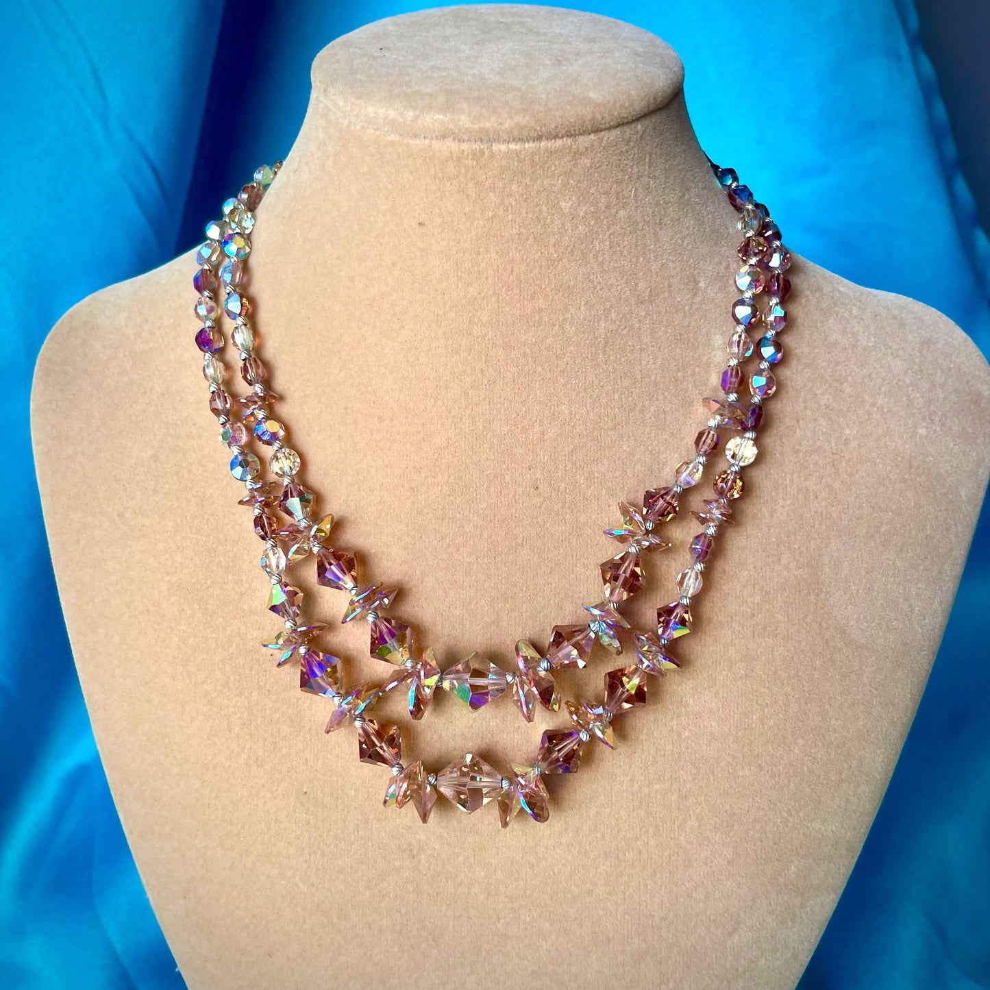 Aurora Borealis Champagne Austrian Crystal Double Strand Necklace & Bracelet Demi Parure