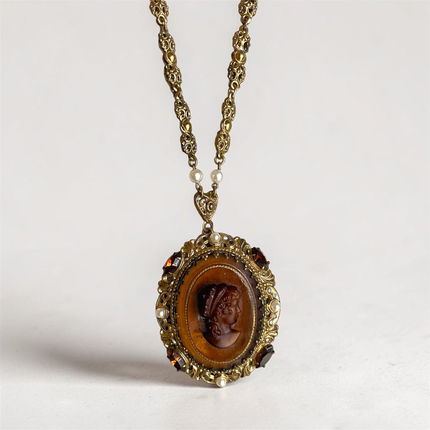 West German Brass Filigree Amber Cameo Crystal & Pearl Necklace