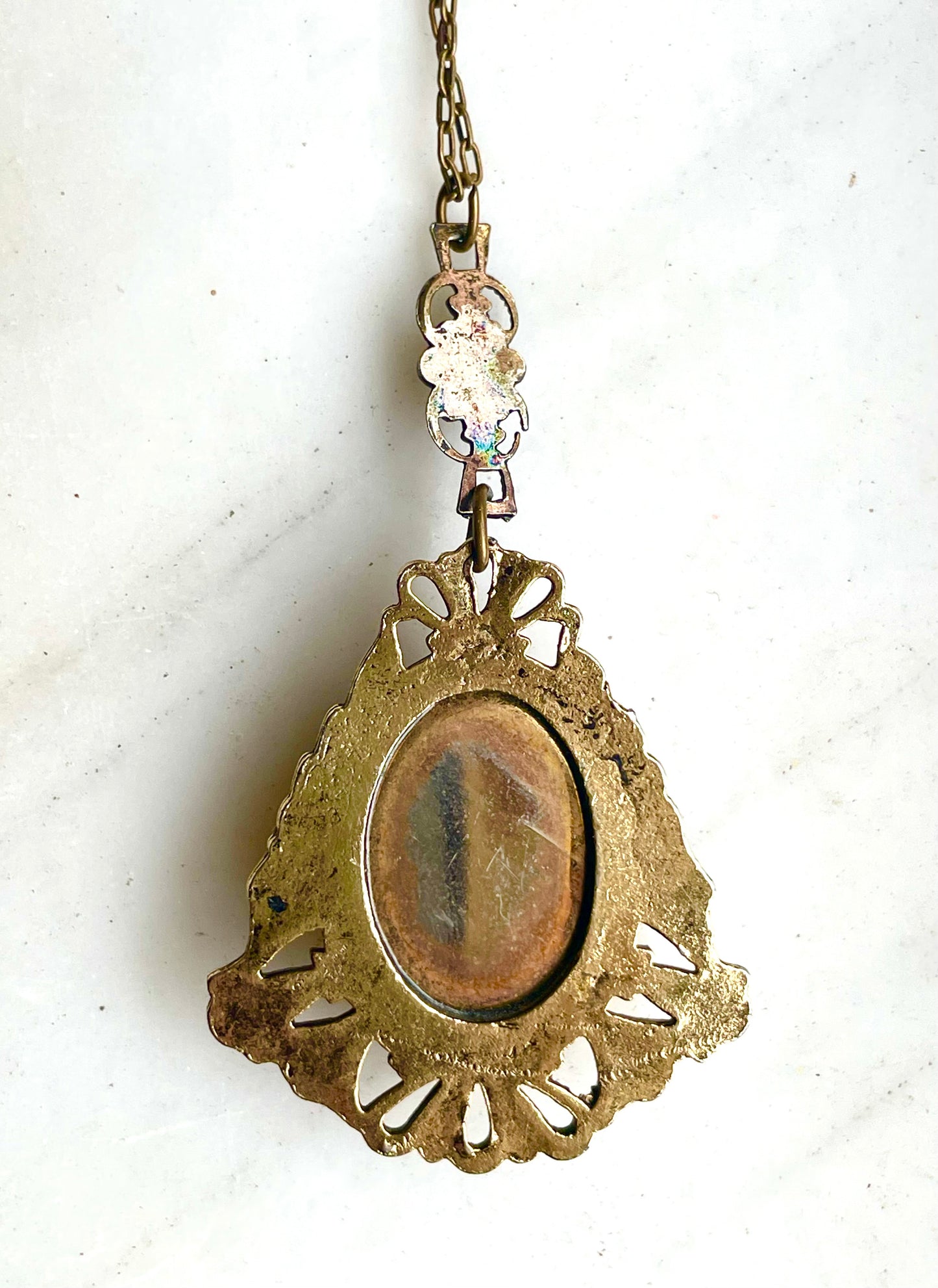 Art Nouveau Brass & Titanium Oxidized Rainbow Metal Porcelain Limogé Blue Rose Locket Necklace